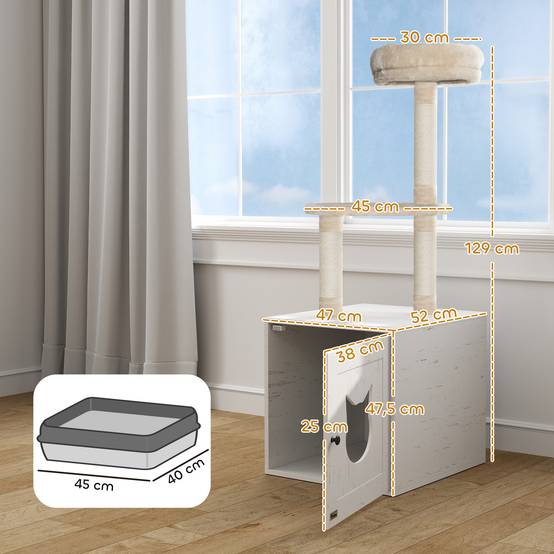 Sans Marque - Arbre à chat avec maison de toilettes, tour de jeu 2-en-1 de 129 cm avec cache-litière, poteaux à griffer, crème - Image 5
