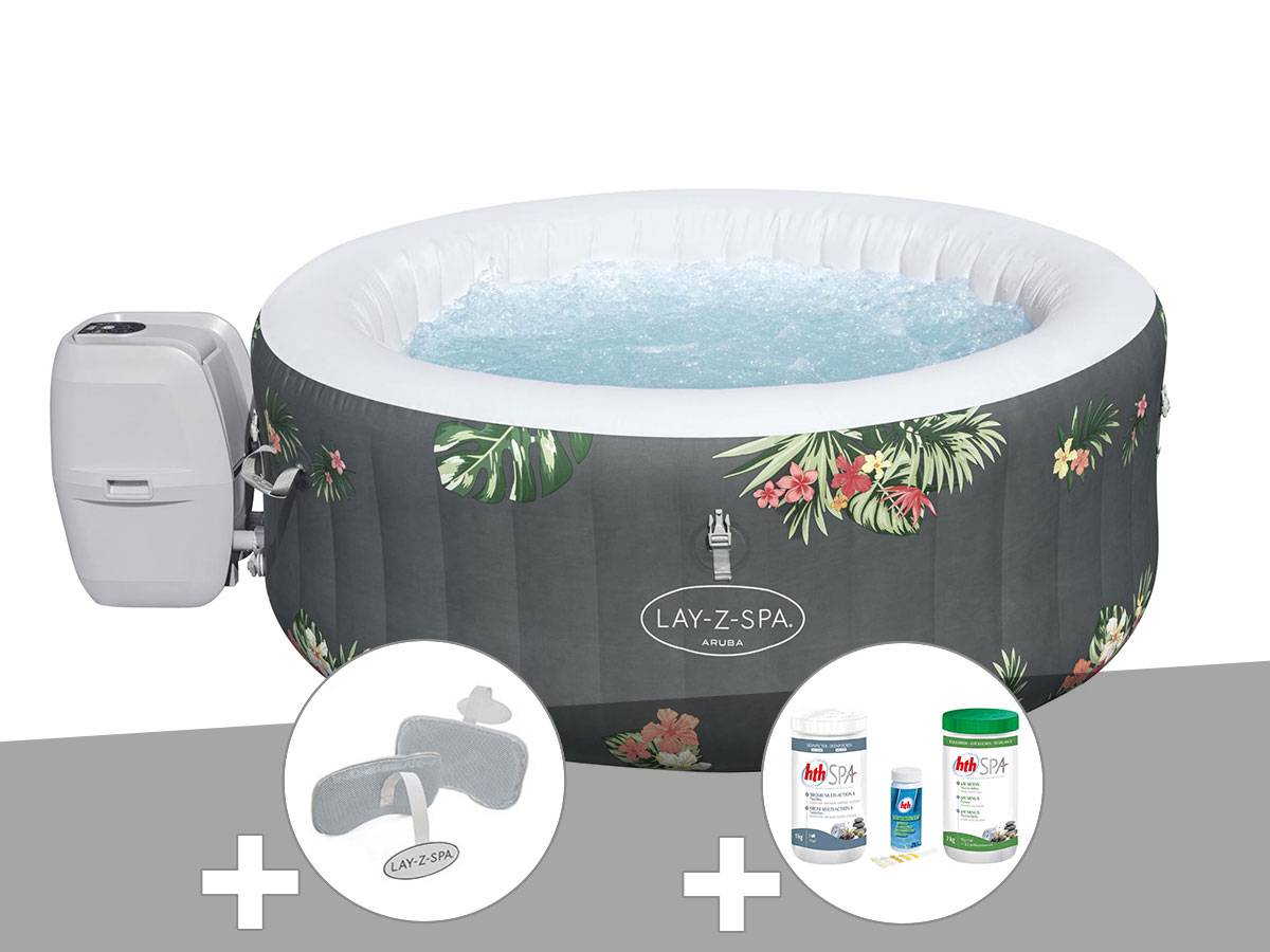 Bestway - Kit spa gonflable Bestway Lay-Z-Spa Aruba rond Airjet 2/3 places + Kit traitement brome + 2 appuie-têtes