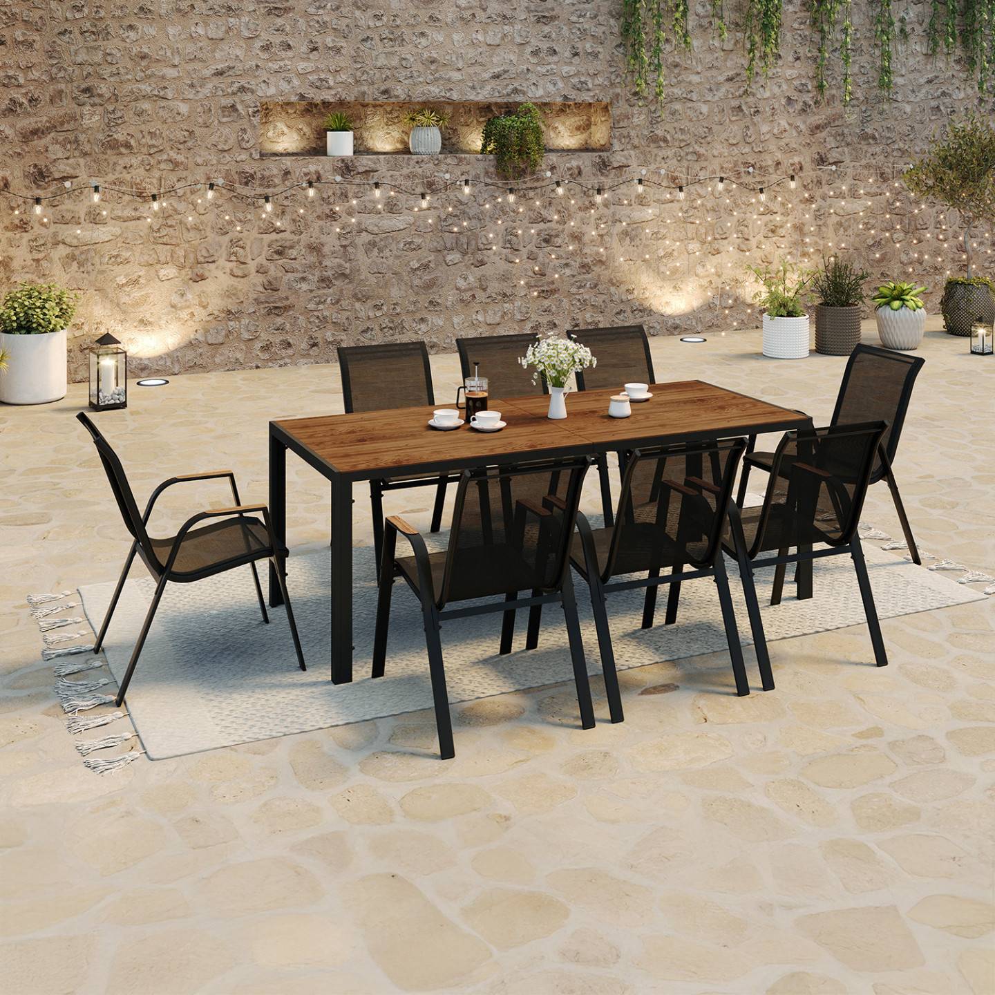 Salon de jardin NOUMEA table 190 cm plateau verre trempé effet bois et 8 chaises empilables noir et bois - Image 1