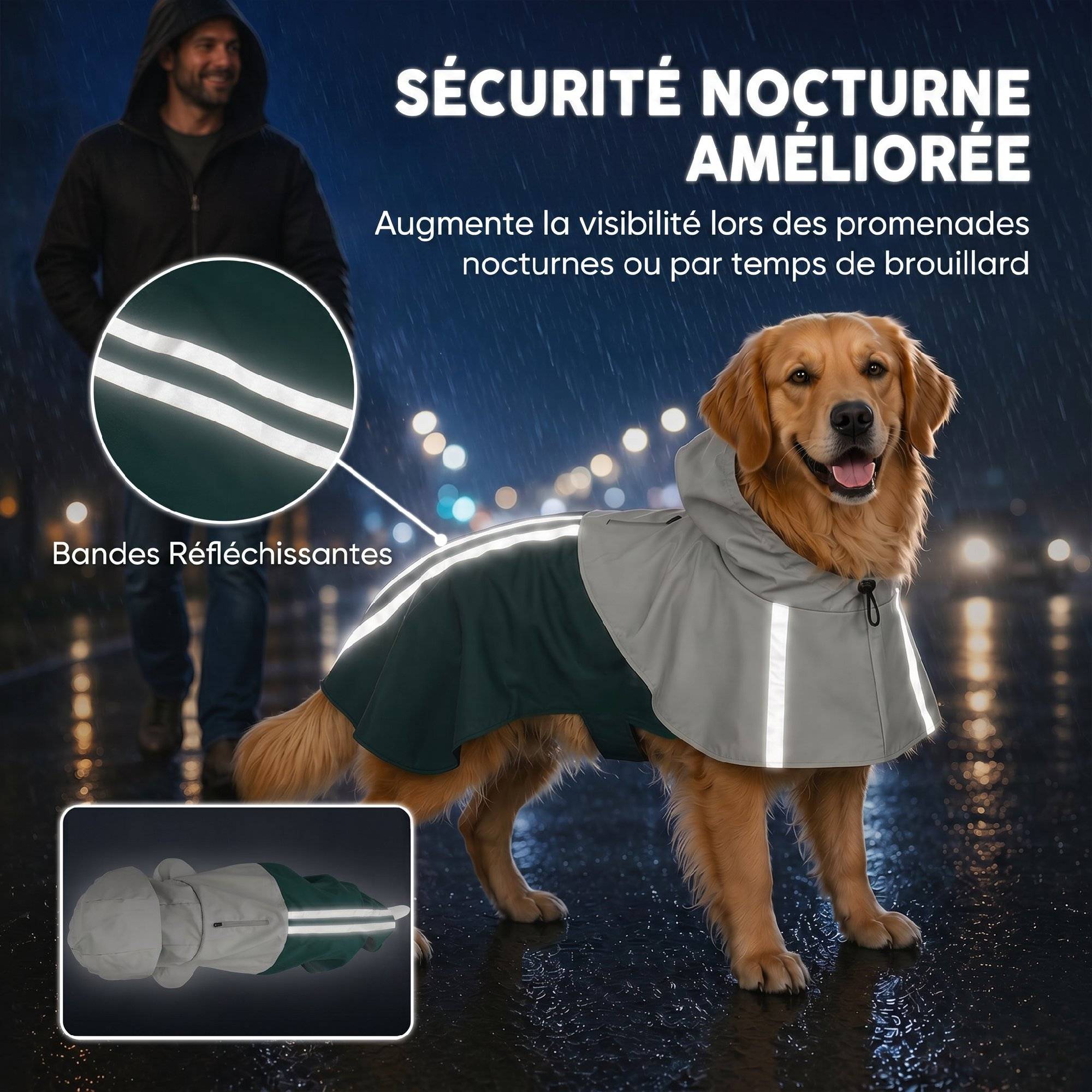 ComfortXL - Manteau imperméable pour grand chien en PU vert 20 à 30 kg avec capuche bandes réfléchissantes et passage laisse - Image 5