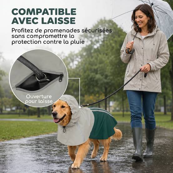 ComfortXL - Manteau imperméable pour grand chien en PU vert 20 à 30 kg avec capuche bandes réfléchissantes et passage laisse - Image 7