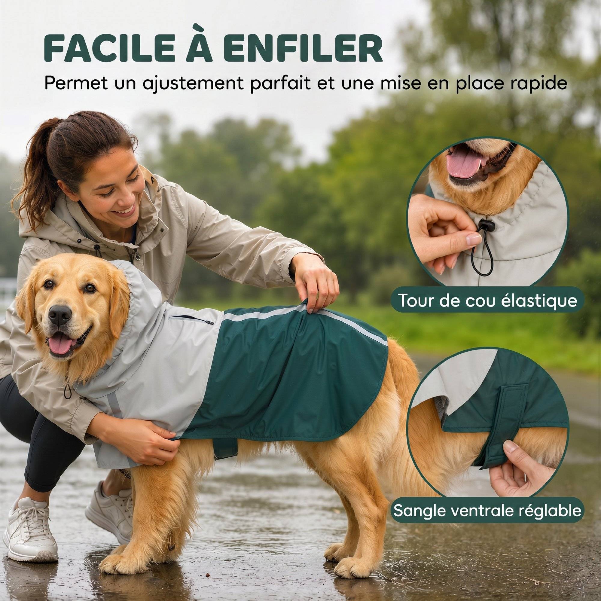 ComfortXL - Manteau imperméable pour grand chien en PU vert 20 à 30 kg avec capuche bandes réfléchissantes et passage laisse - Image 6