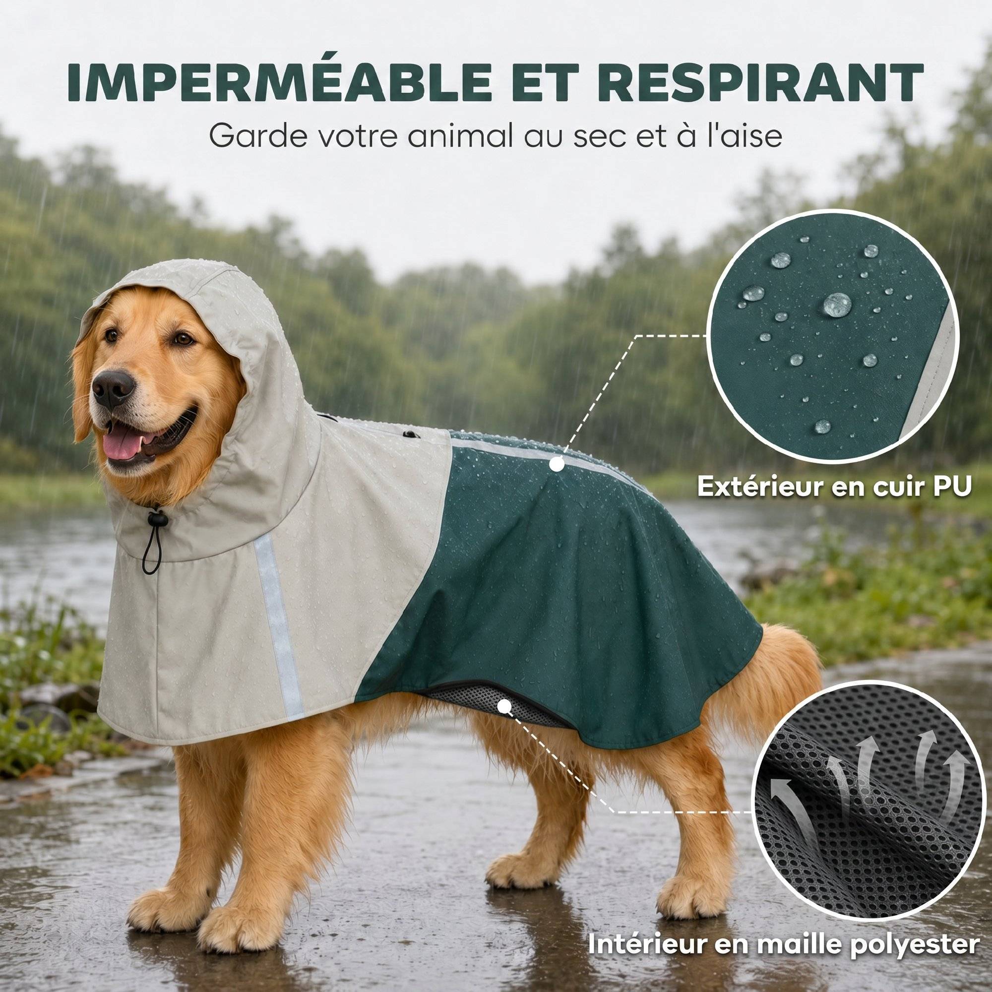 ComfortXL - Manteau imperméable pour grand chien en PU vert 20 à 30 kg avec capuche bandes réfléchissantes et passage laisse - Image 4