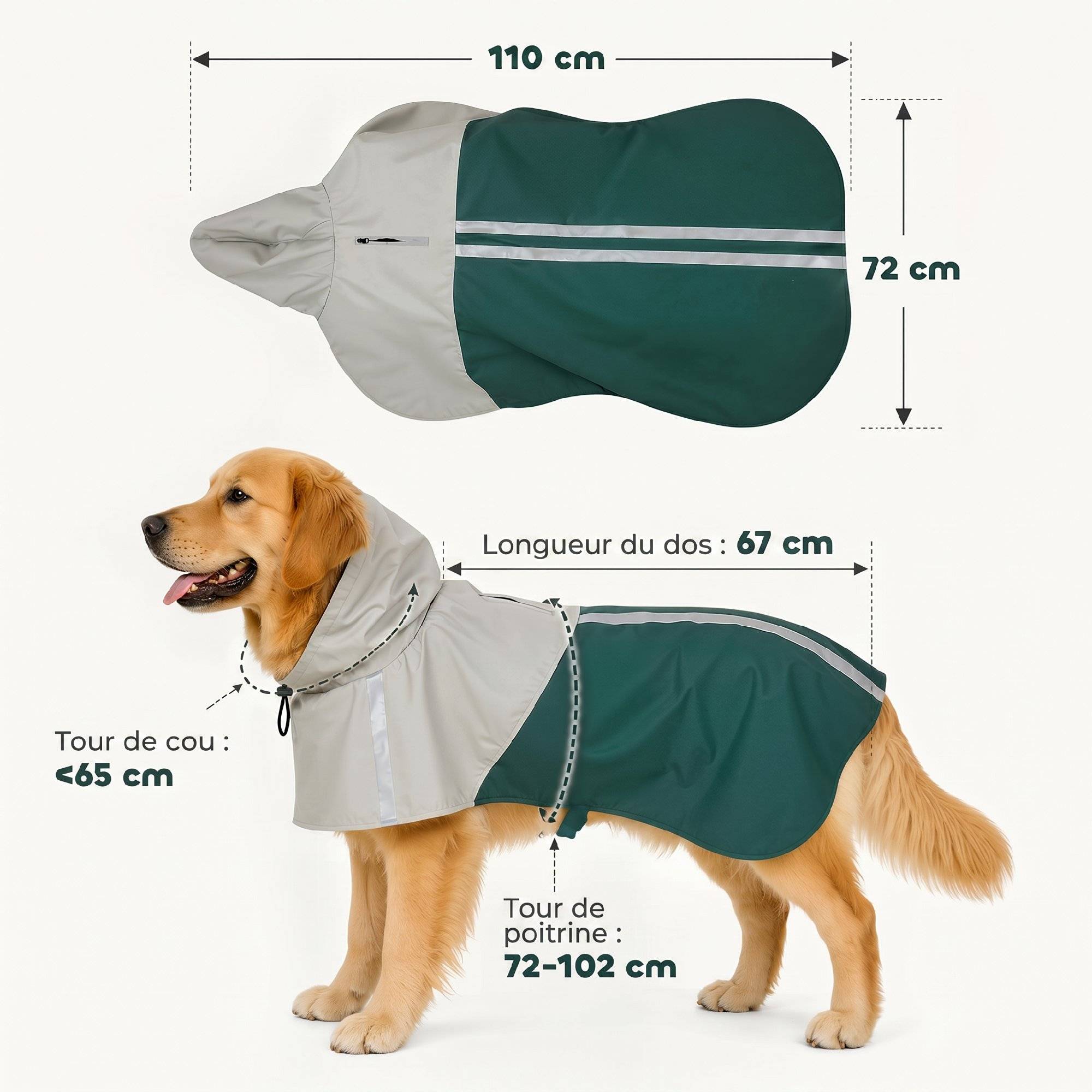 ComfortXL - Manteau imperméable pour grand chien en PU vert 20 à 30 kg avec capuche bandes réfléchissantes et passage laisse - Image 3