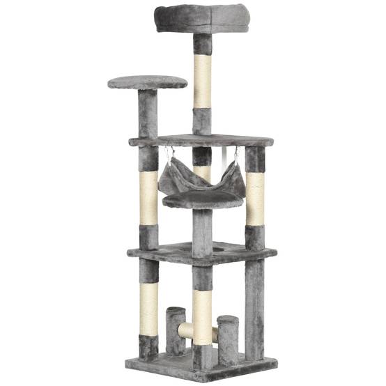 Arbre à chat à 4 niveaux avec hamac, plateformes en peluche sisal naturel, hauteur 132 cm, gris - Image 2