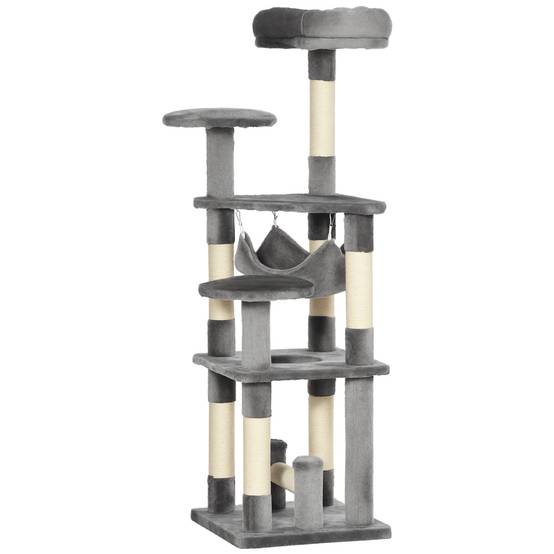 Arbre à chat à 4 niveaux avec hamac, plateformes en peluche sisal naturel, hauteur 132 cm, gris - Image 1