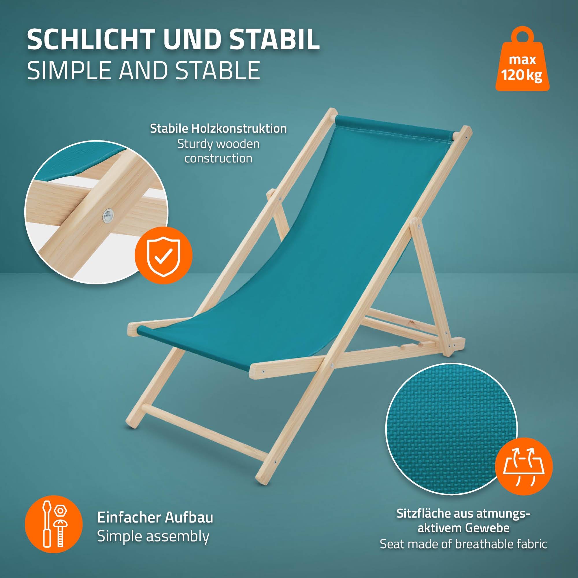 Ecd-Germany - Set 4x Chaise longue de jardin pliable pétrole en bois chiliennes 3 positions de couchage  jusqu'à 120 kg usage intérieur et extérieur balcon terrasse - Imagen 4