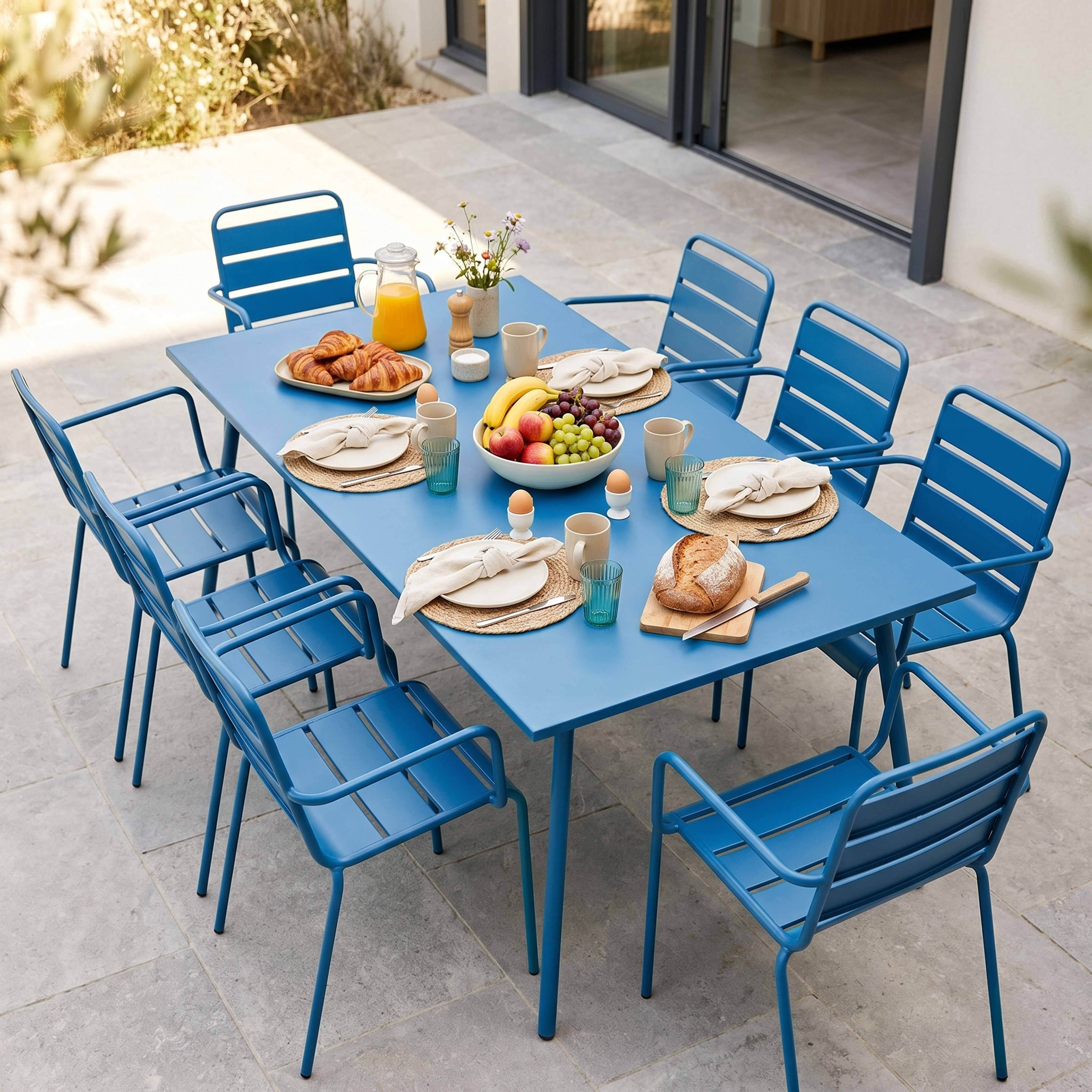 Oviala - Ensemble table de jardin et 8 fauteuils en métal bleu pacific  Palavas - Oviala - Image 2