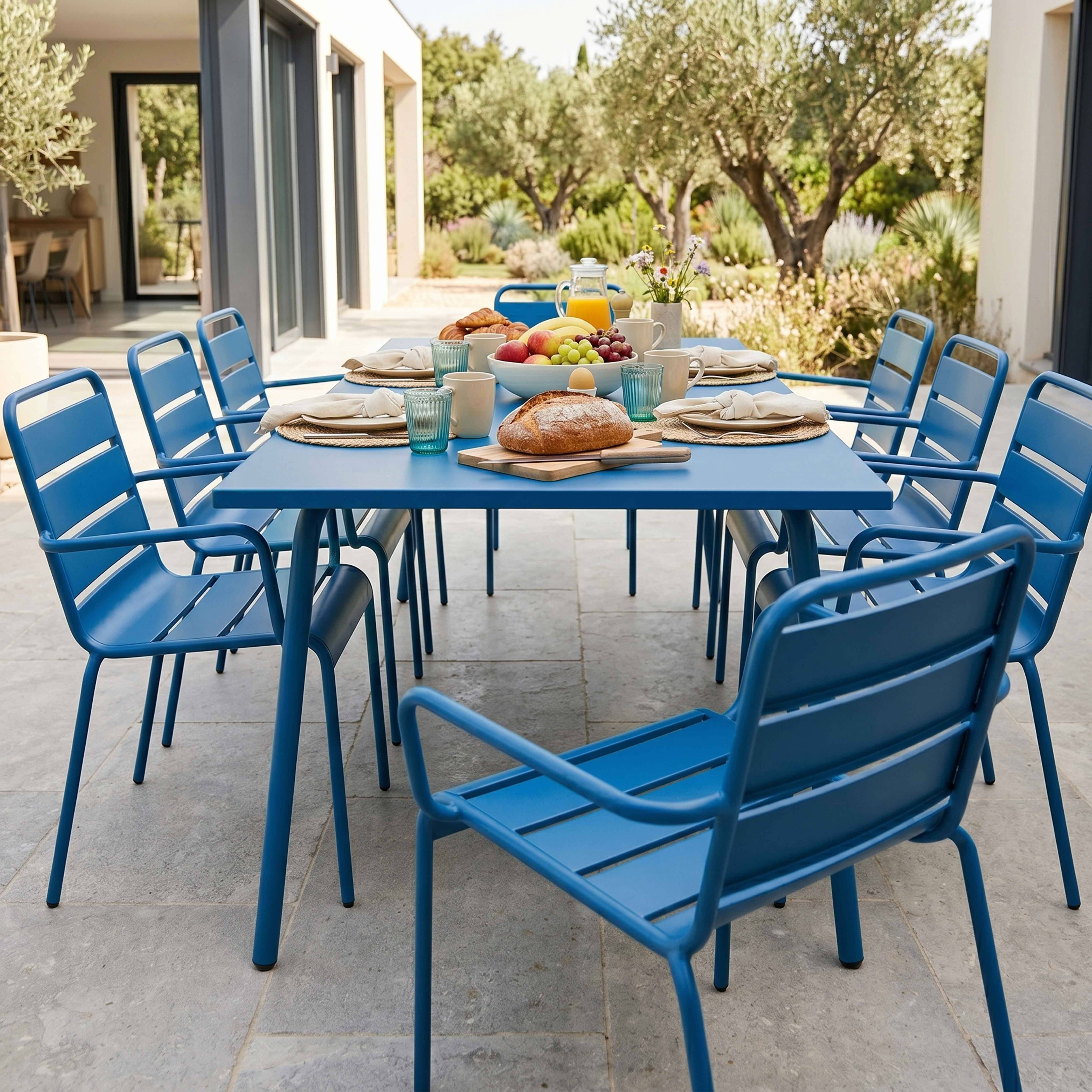 Oviala - Ensemble table de jardin et 8 fauteuils en métal bleu pacific Palavas - Oviala - Image 3