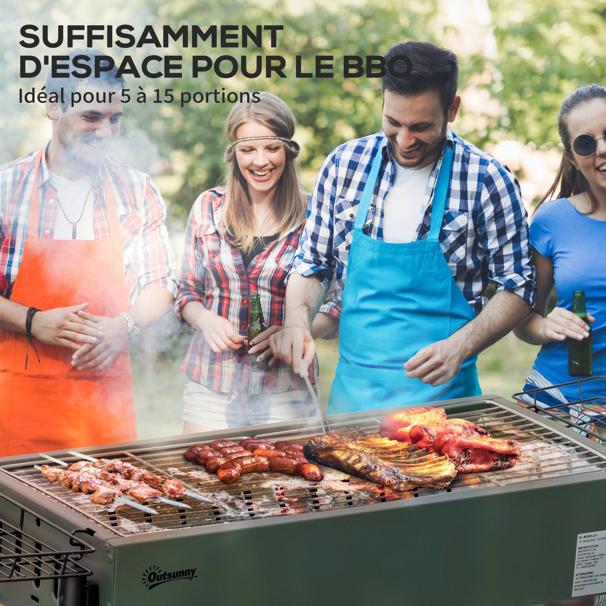 Barbecue au charbon de bois avec 2 grilles portable BBQ Grill sur Pieds amovibles2 paniers latéraux, 94L x 39l x 70H cm - Image 7