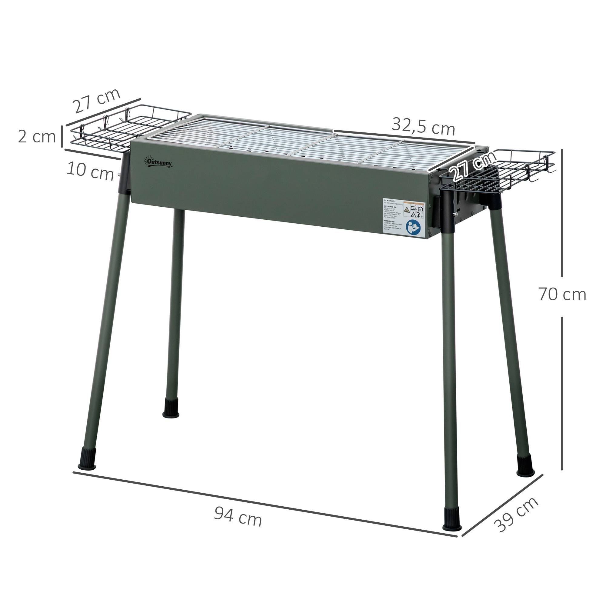 Barbecue au charbon de bois avec 2 grilles portable BBQ Grill sur Pieds amovibles2 paniers latéraux, 94L x 39l x 70H cm - Image 5