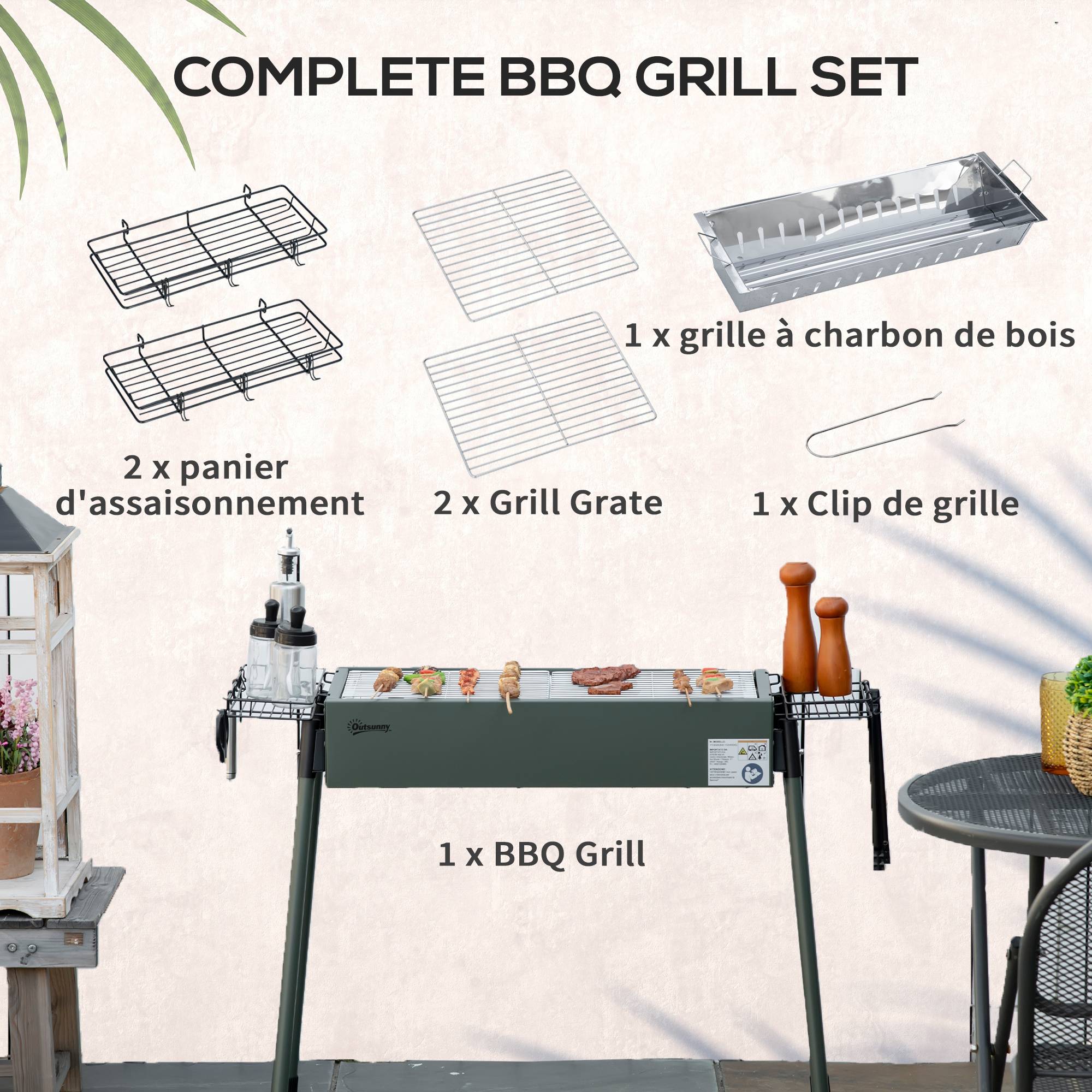 Barbecue au charbon de bois avec 2 grilles portable BBQ Grill sur Pieds amovibles2 paniers latéraux, 94L x 39l x 70H cm - Image 6