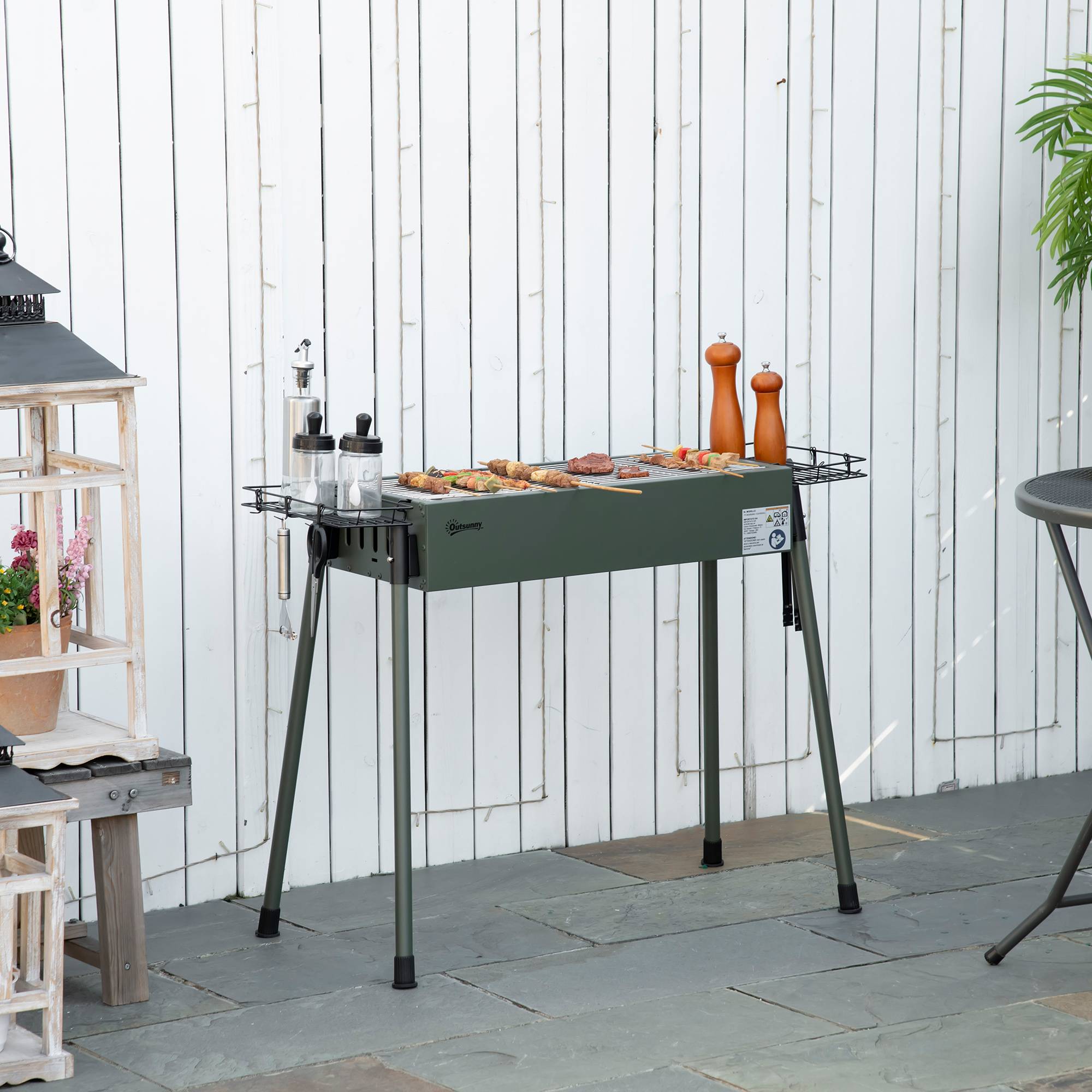 Barbecue au charbon de bois avec 2 grilles portable BBQ Grill sur Pieds amovibles2 paniers latéraux, 94L x 39l x 70H cm - Image 4