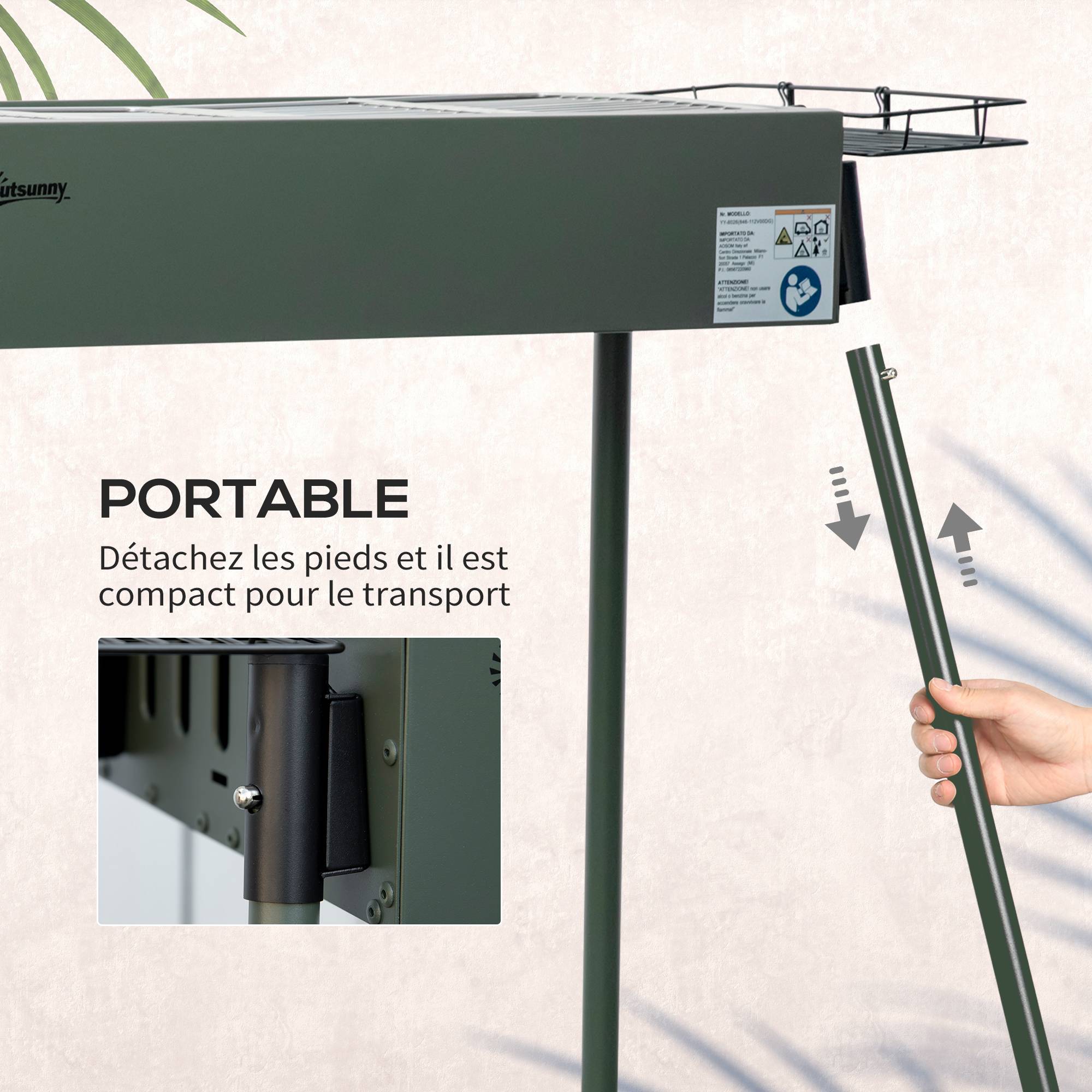 Barbecue au charbon de bois avec 2 grilles portable BBQ Grill sur Pieds amovibles2 paniers latéraux, 94L x 39l x 70H cm - Image 9