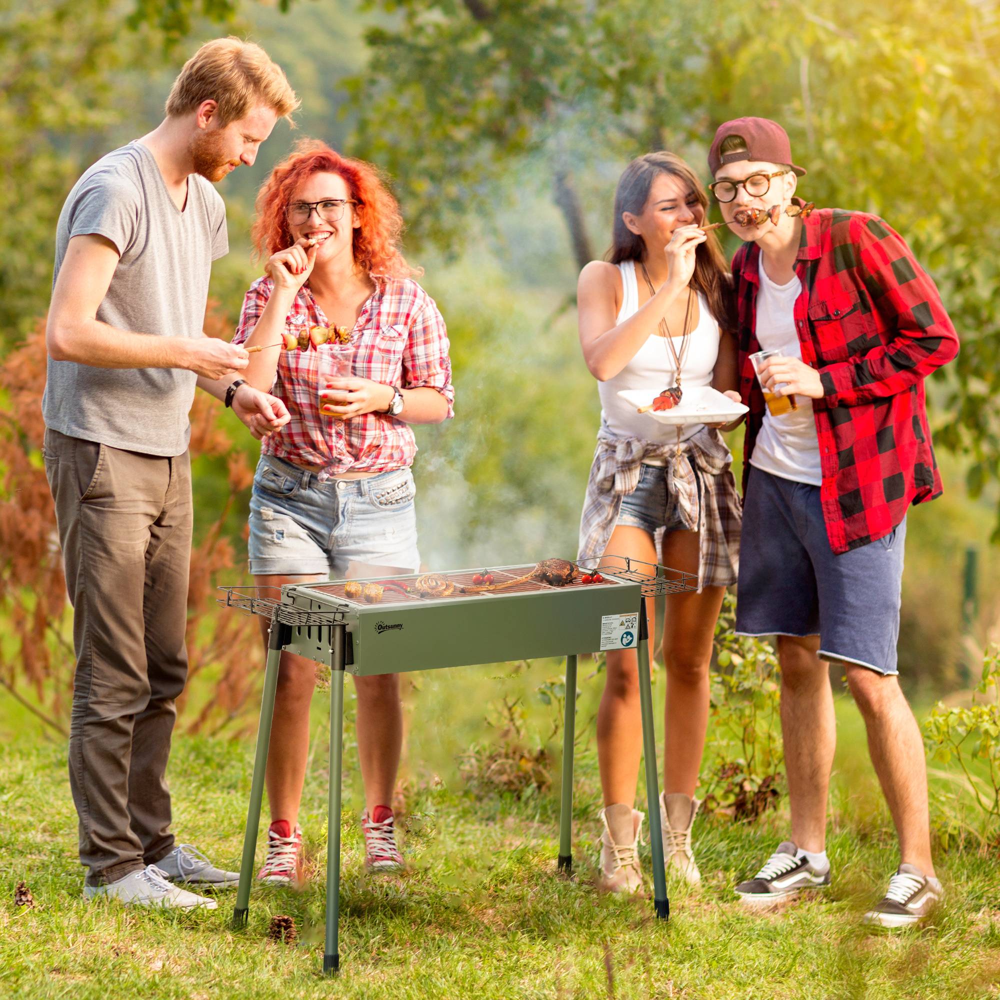 Barbecue au charbon de bois avec 2 grilles portable BBQ Grill sur Pieds amovibles2 paniers latéraux, 94L x 39l x 70H cm - Image 3