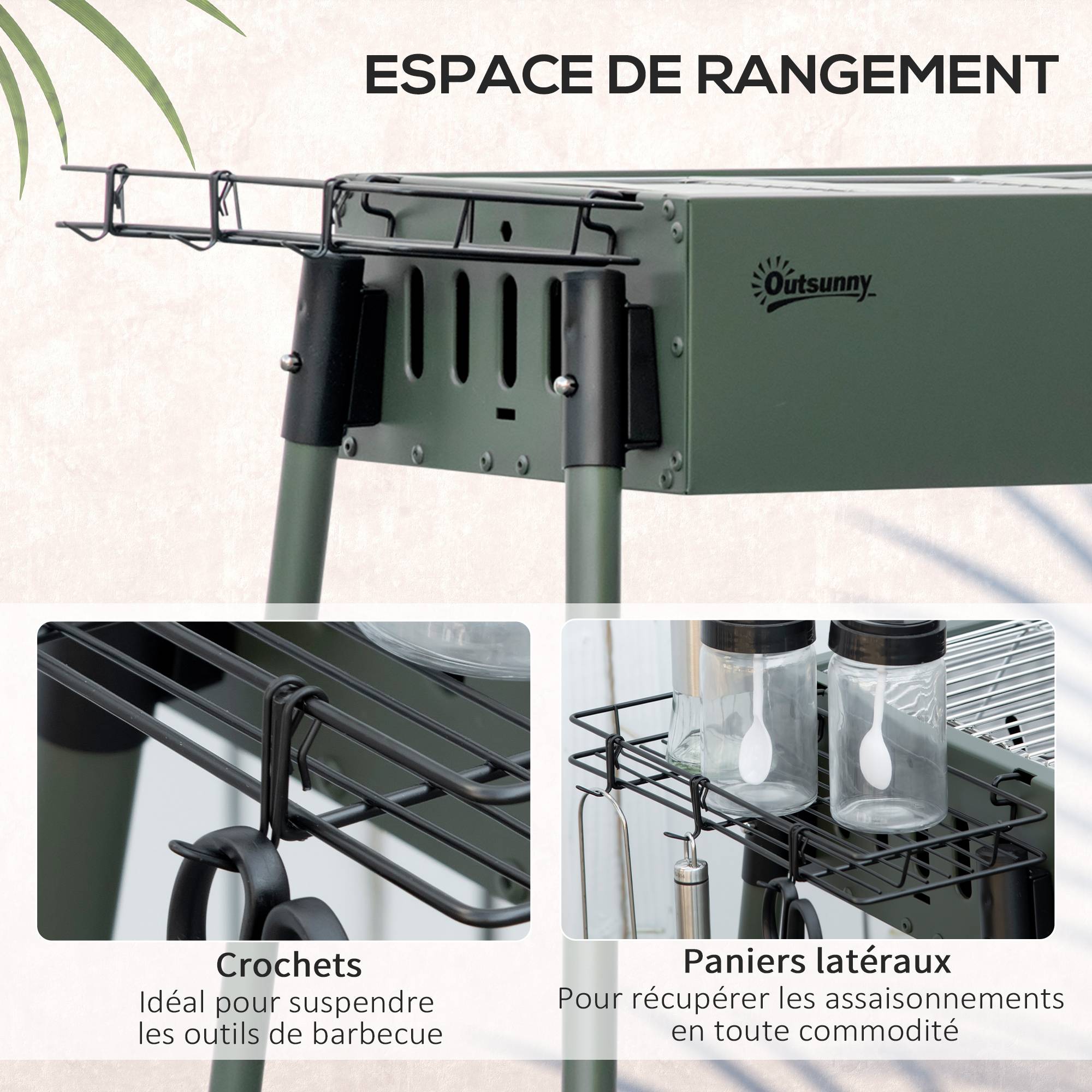 Barbecue au charbon de bois avec 2 grilles portable BBQ Grill sur Pieds amovibles2 paniers latéraux, 94L x 39l x 70H cm - Image 8