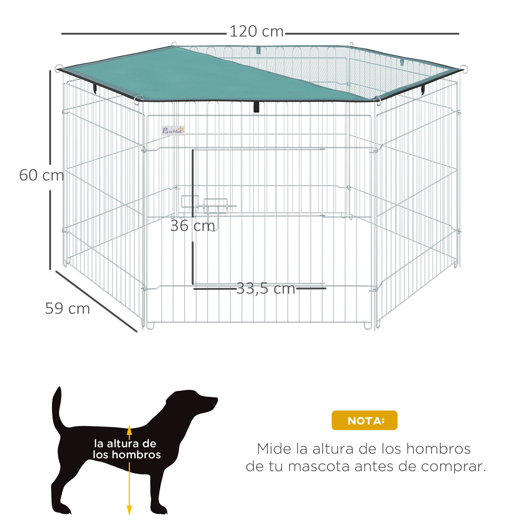 Parc chien 6 panneaux 59x60cm, pliable métal à monter soi-même, porte loquet + auvent, jardin/terrasse extérieur, argent - Image 5