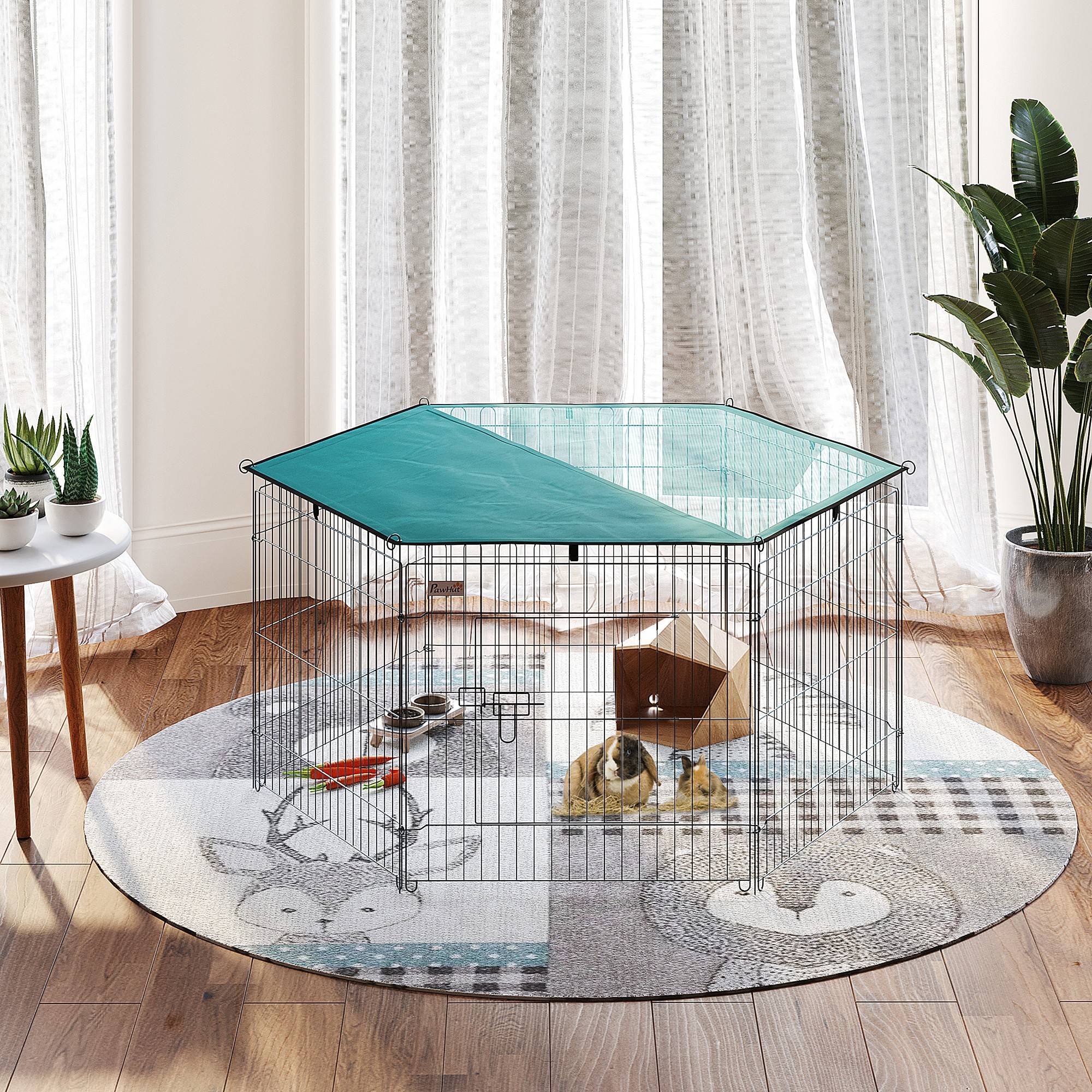 Parc chien 6 panneaux 59x60cm, pliable métal à monter soi-même, porte loquet + auvent, jardin/terrasse extérieur, argent - Image 4