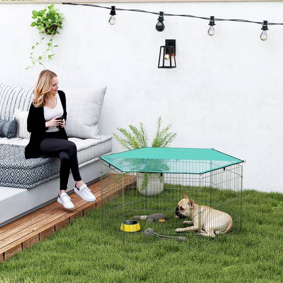 Parc chien 6 panneaux 59x60cm, pliable métal à monter soi-même, porte loquet + auvent, jardin/terrasse extérieur, argent - Image 3