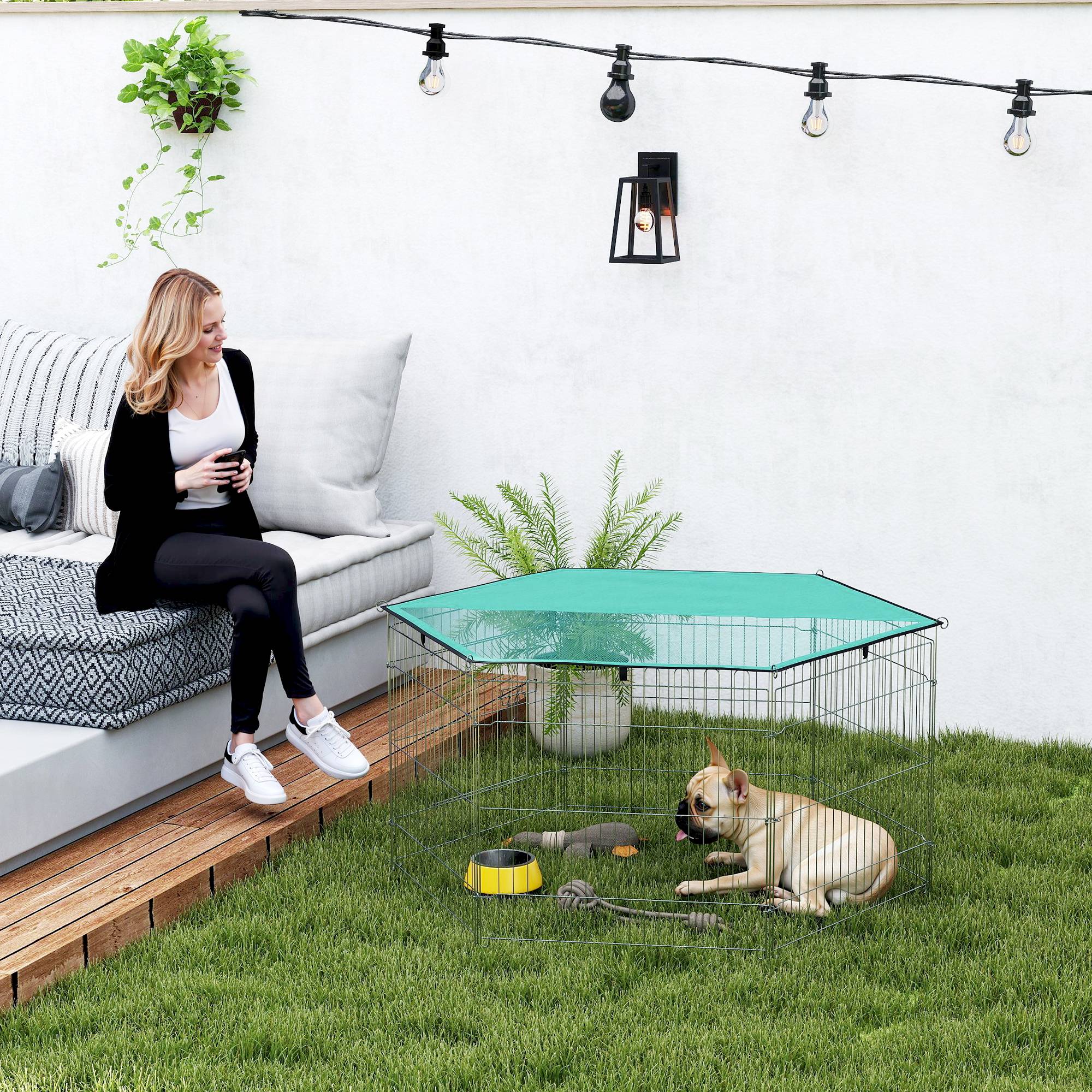 Parc chien 6 panneaux 59x60cm, pliable métal à monter soi-même, porte loquet + auvent, jardin/terrasse extérieur, argent - Image 3