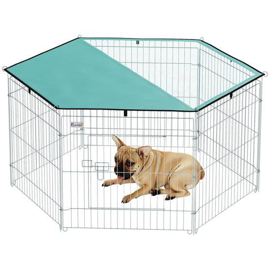 Parc chien 6 panneaux 59x60cm, pliable métal à monter soi-même, porte loquet + auvent, jardin/terrasse extérieur, argent - Image 1