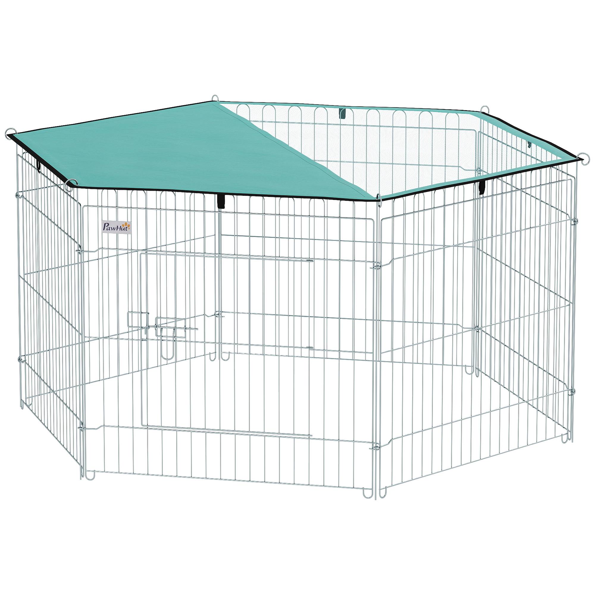Parc chien 6 panneaux 59x60cm, pliable métal à monter soi-même, porte loquet + auvent, jardin/terrasse extérieur, argent - Image 2