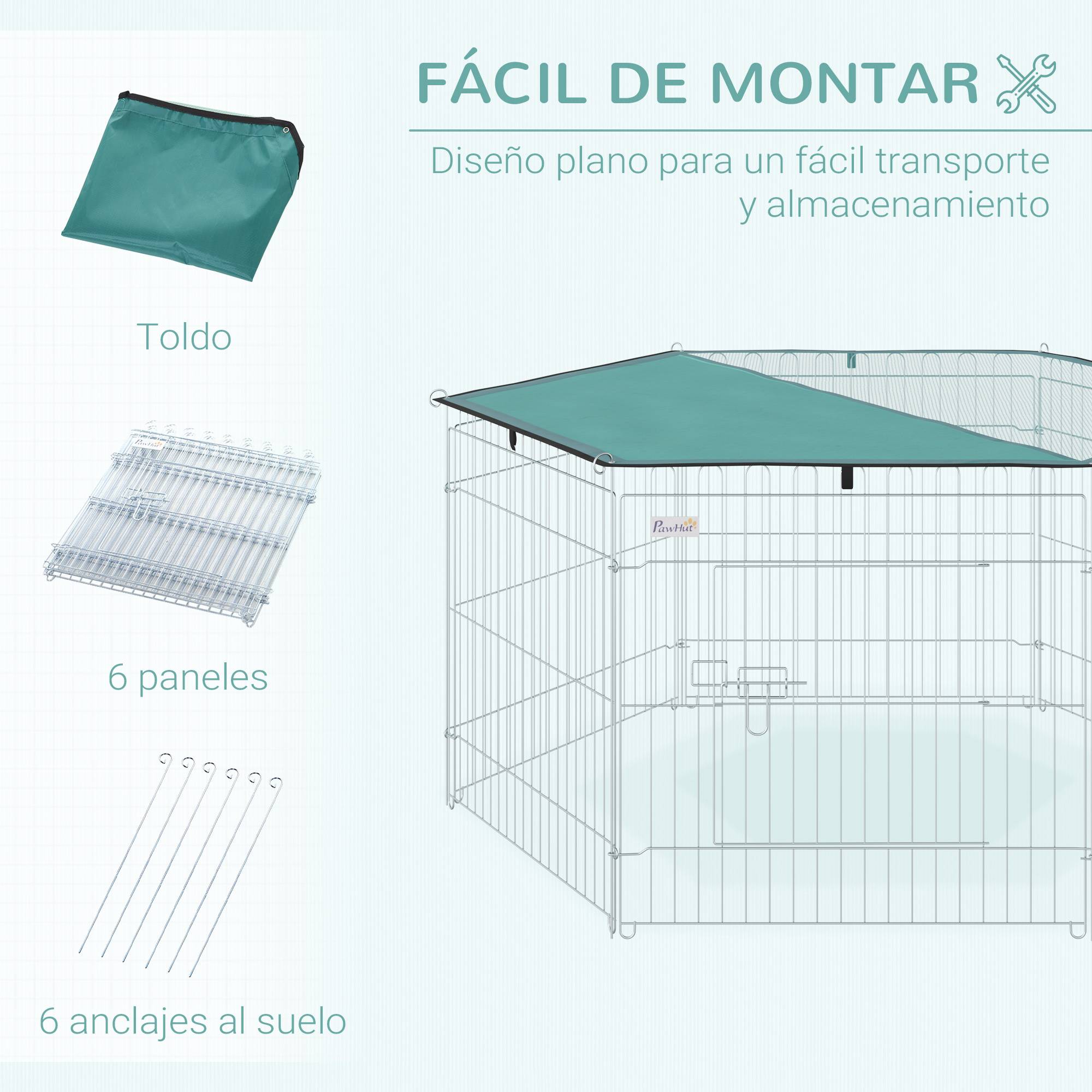 Parc chien 6 panneaux 59x60cm, pliable métal à monter soi-même, porte loquet + auvent, jardin/terrasse extérieur, argent - Image 7
