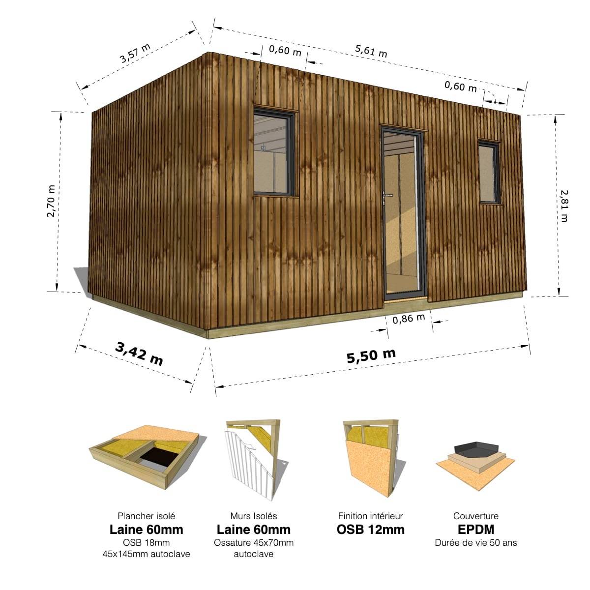 Sans Marque - STUDIO DE JARDIN / 19,5 m2 - 5,55 x 3,52m / Plancher isolé / Bardage Brun / Intérieur OSB / Livraison Gratuite / Studio Français - Imagen 1