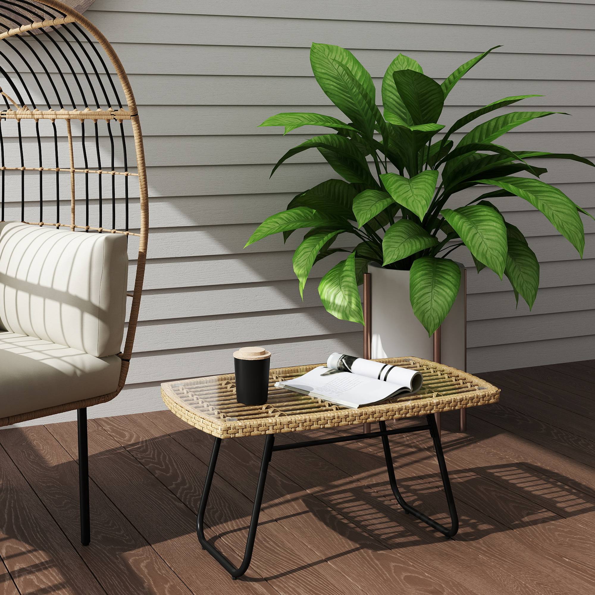 Table basse de jardin résine tressée naturel 90 x 50 x 45 cm - PANGIVO - Image 4