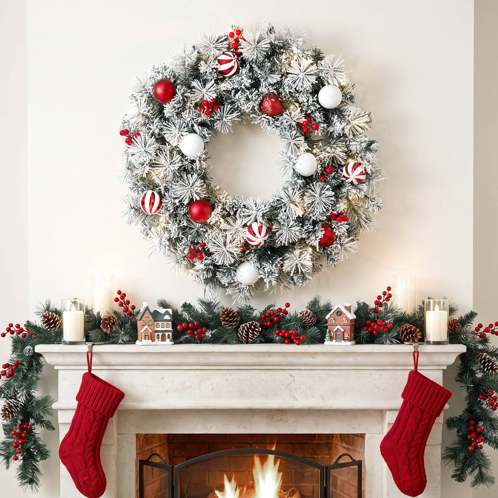 Sans Marque - Couronne Noël Lumineuse 60 cm Enneigée Floquée 50 LED 15 Boules Décoratives 140 Branches 8 Modes Vert - Image 4