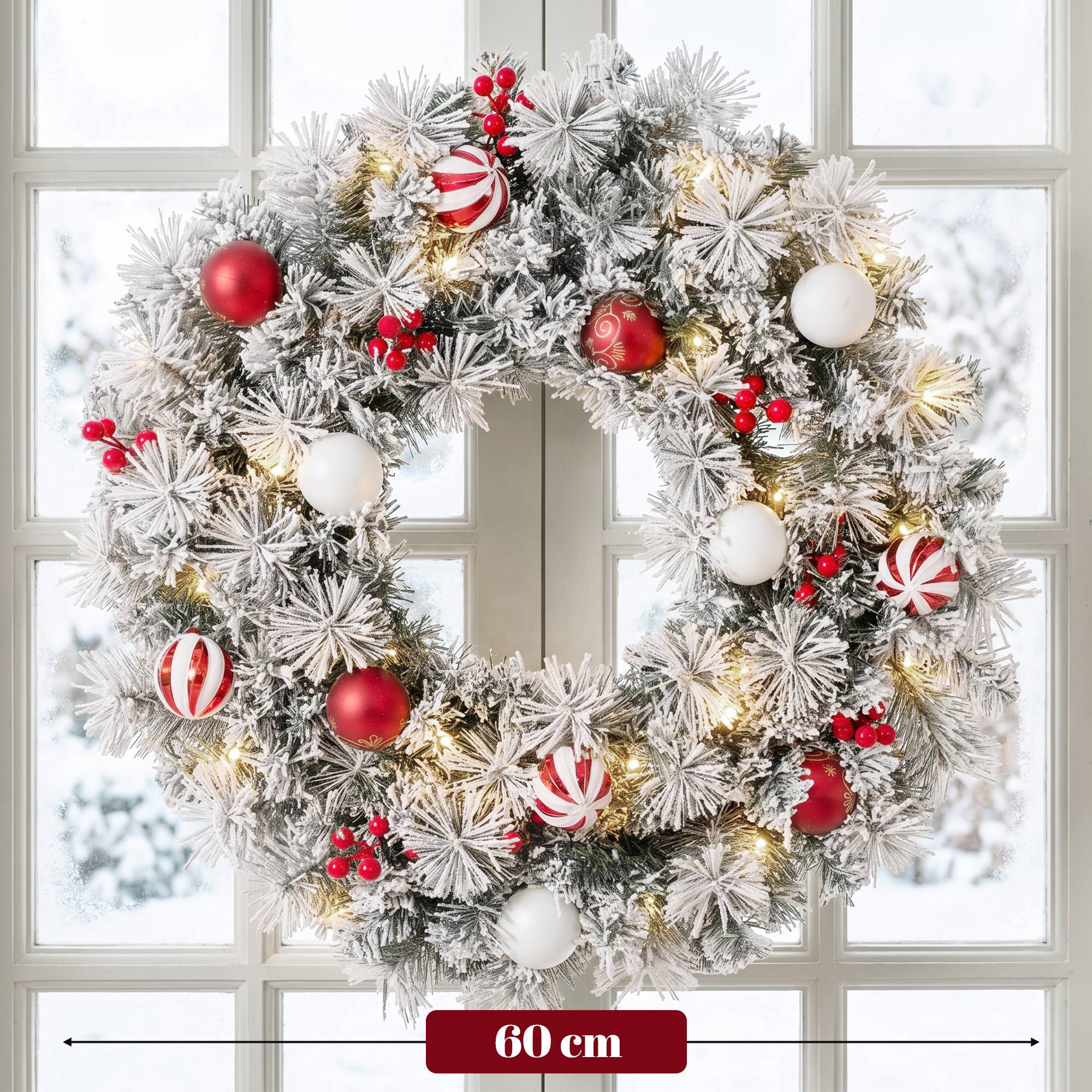 Sans Marque - Couronne Noël Lumineuse 60 cm Enneigée Floquée 50 LED 15 Boules Décoratives 140 Branches 8 Modes Vert - Image 5