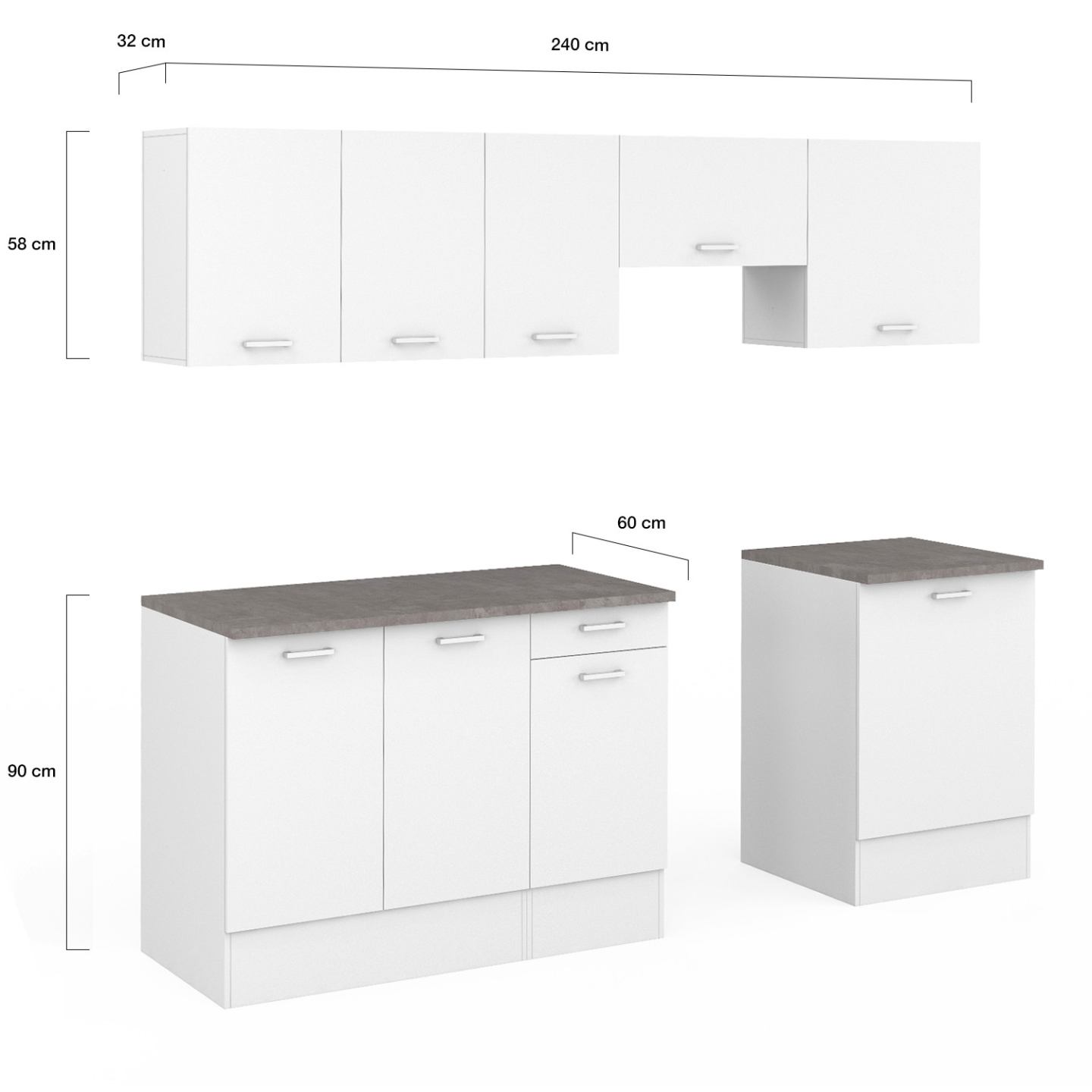 Cuisine complète 240 cm SUBTIL avec plan de travail 7 éléments blanc et plateaux effet béton - Image 5