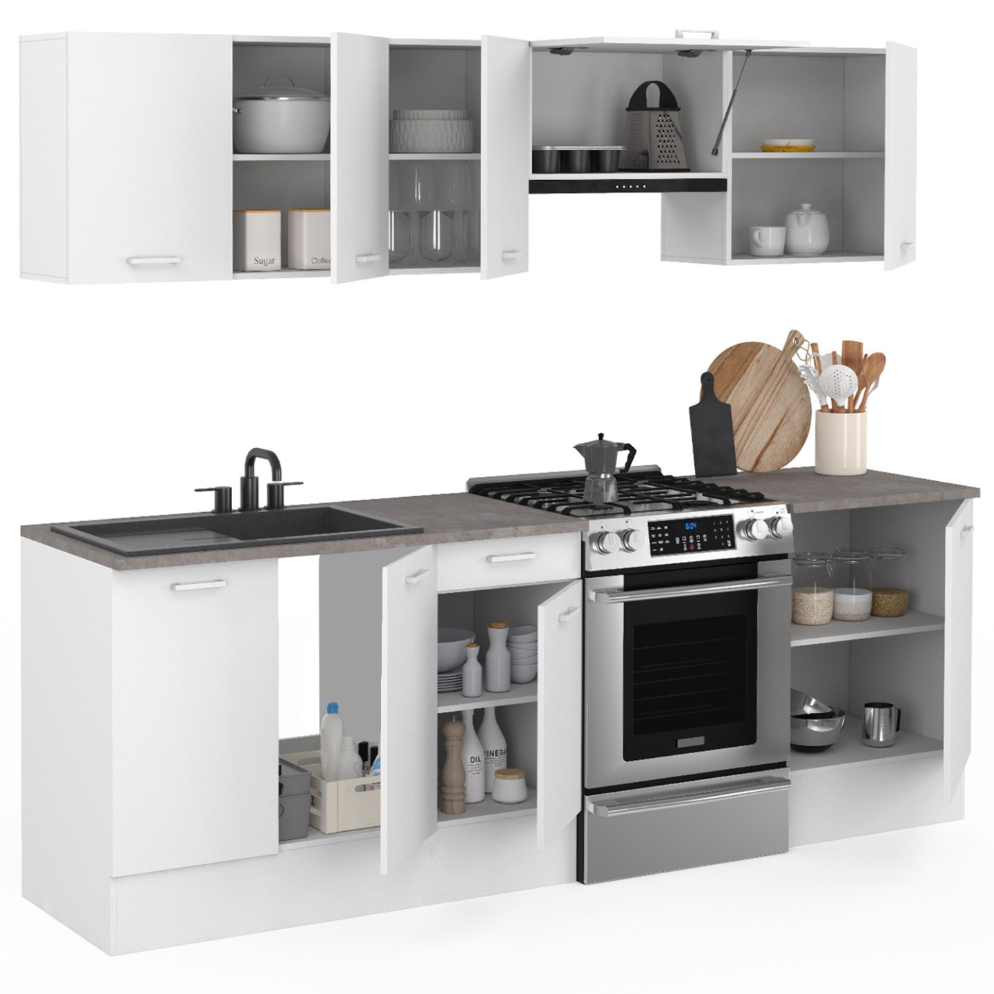 Cuisine complète 240 cm SUBTIL avec plan de travail 7 éléments blanc et plateaux effet béton - Image 4