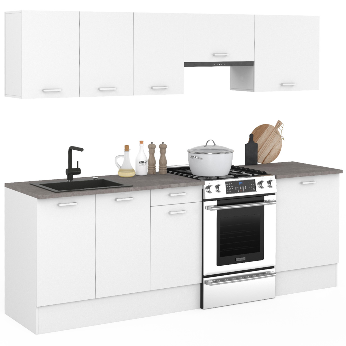 Cuisine complète 240 cm SUBTIL avec plan de travail 7 éléments blanc et plateaux effet béton - Image 1