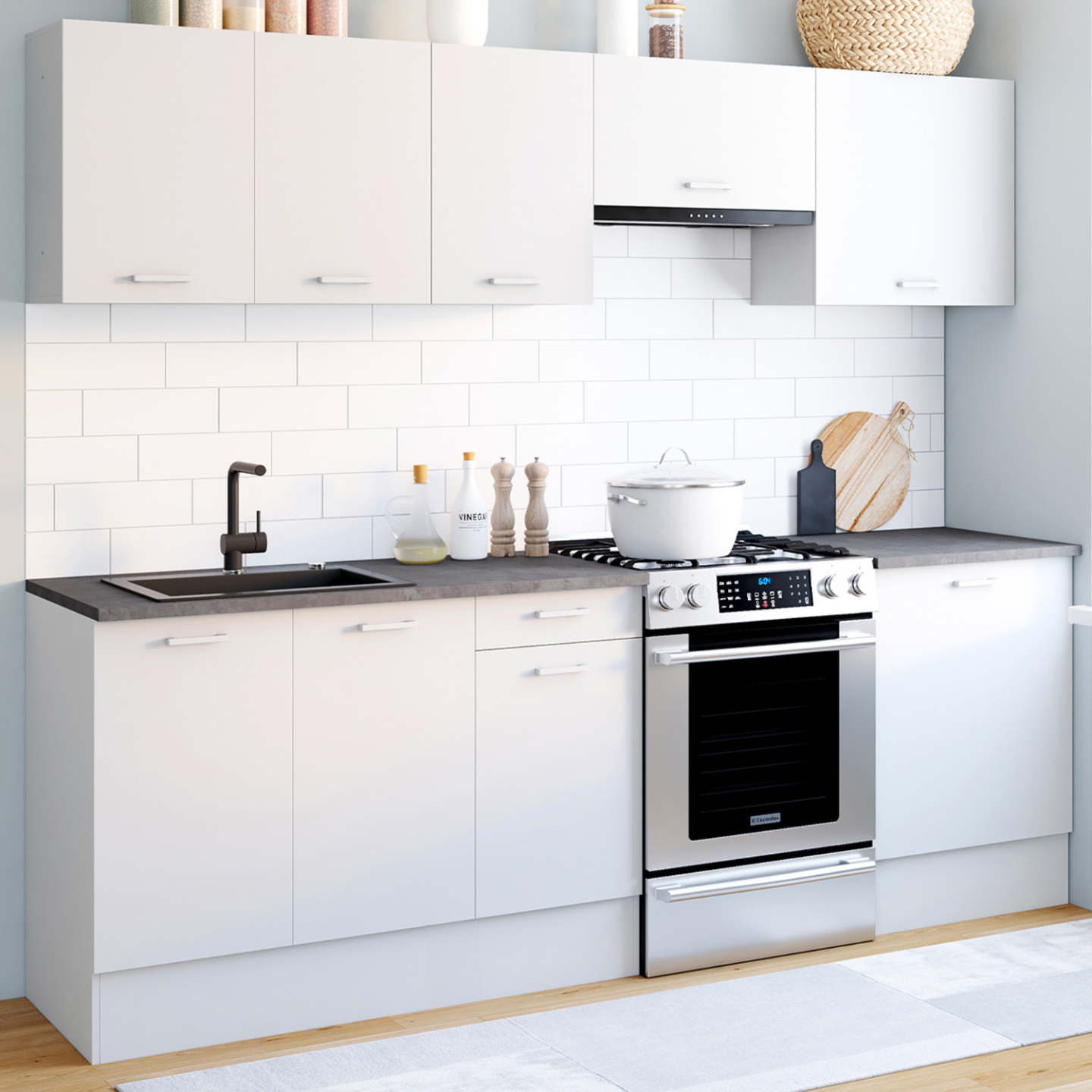 Cuisine complète 240 cm SUBTIL avec plan de travail 7 éléments blanc et plateaux effet béton - Image 2