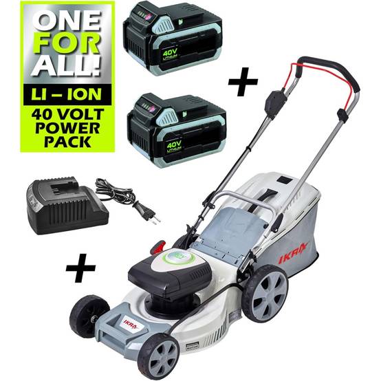 Tondeuse à gazon 43cm sans fil 2 Batteries Lithium 40V - 2,5Ah + Chargeur, Hauteur 25 à 75cm Mulching Bac 50L 600 m² IKRA - Image 2