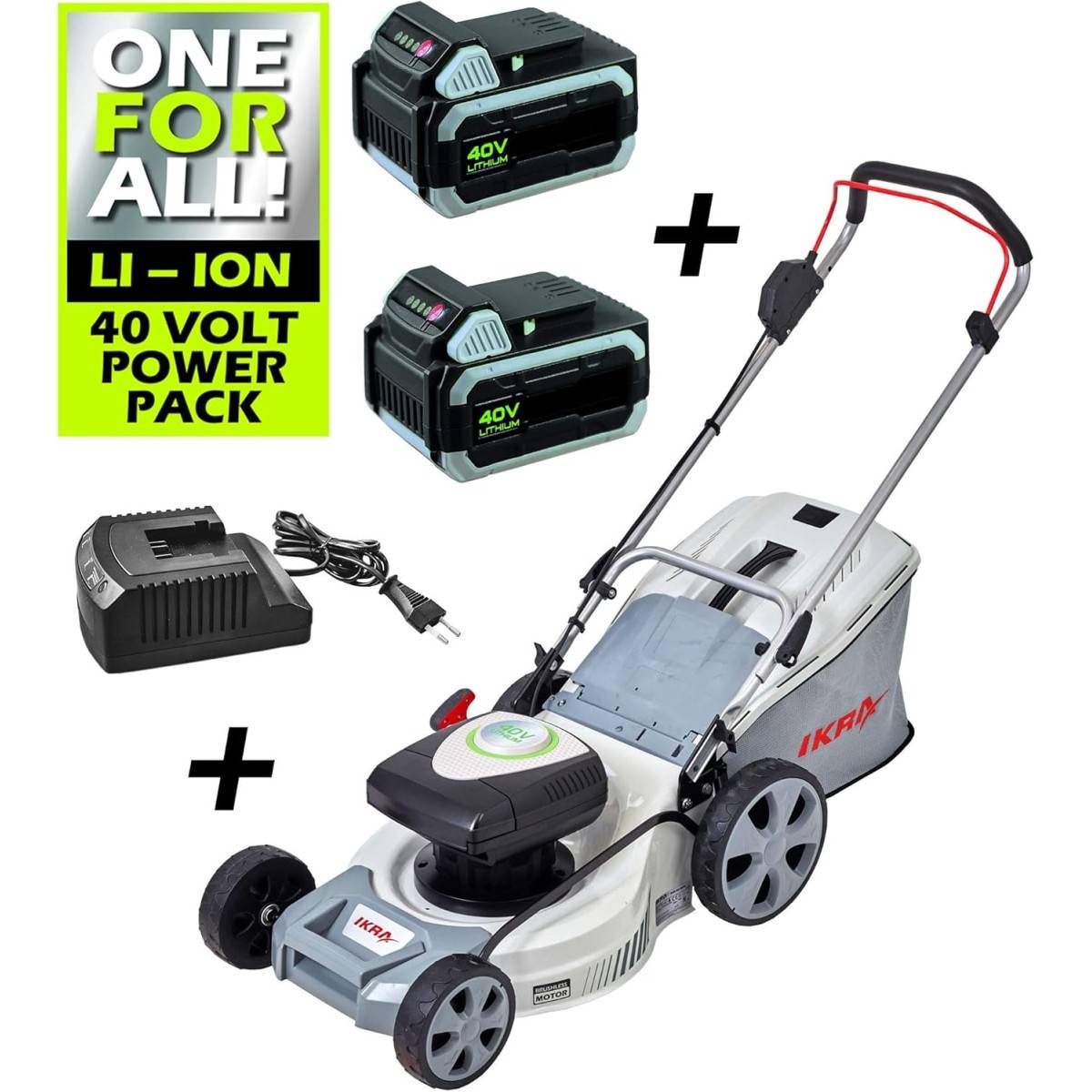 Tondeuse à gazon 43cm sans fil 2 Batteries Lithium 40V - 2,5Ah + Chargeur, Hauteur 25 à 75cm Mulching Bac 50L 600 m² IKRA - Image 2