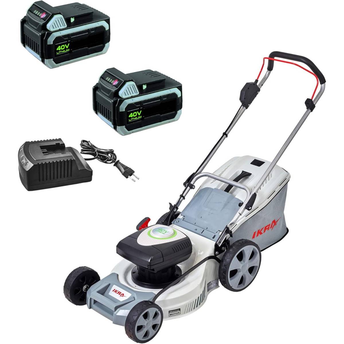 Tondeuse à gazon 43cm sans fil 2 Batteries Lithium 40V - 2,5Ah + Chargeur, Hauteur 25 à 75cm Mulching Bac 50L 600 m² IKRA - Image 1