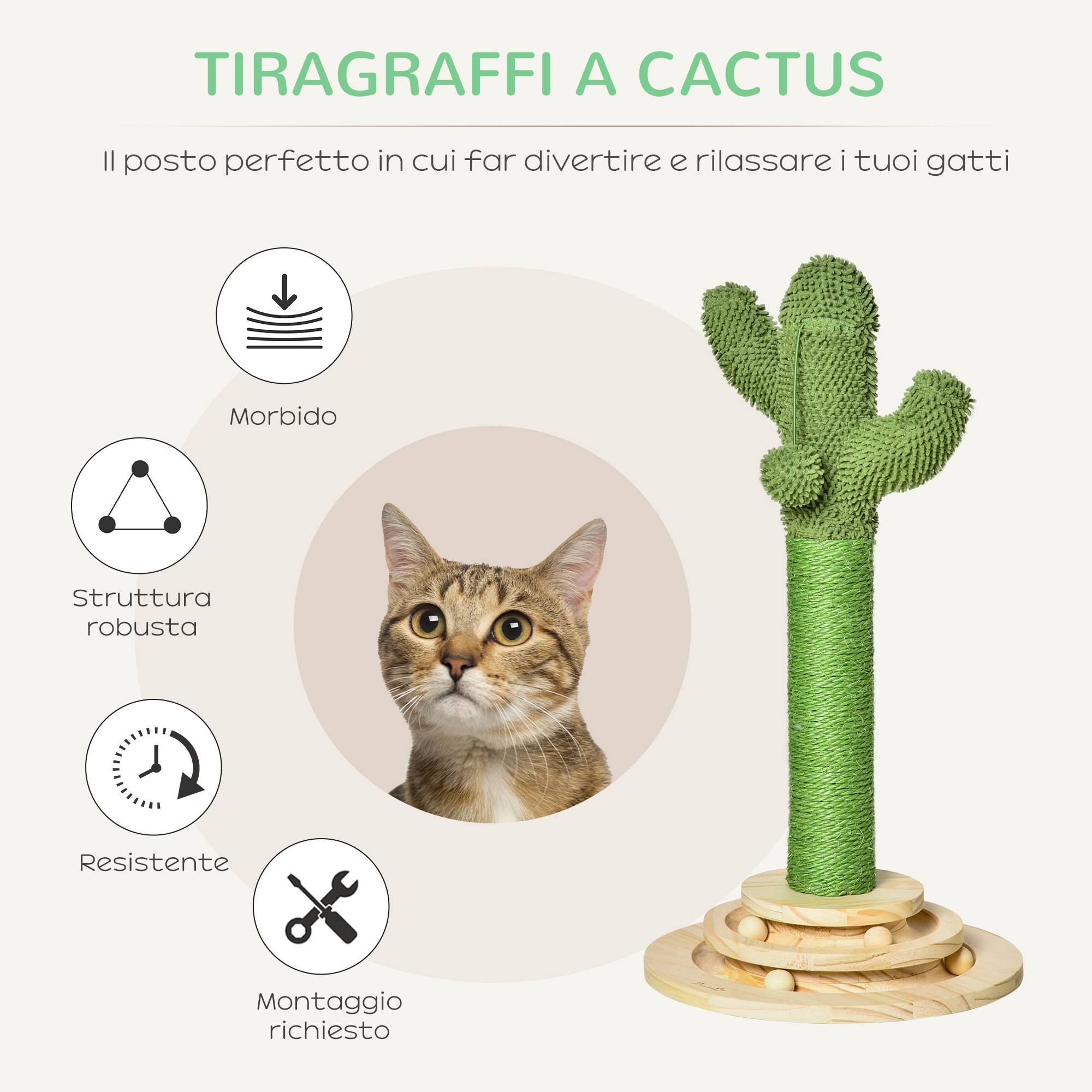 Petit arbre chat griffoir cactus sisal intérieur base pin jouets 32x32x60 cm vert - ComfortXL Outdoor Living - Image 6