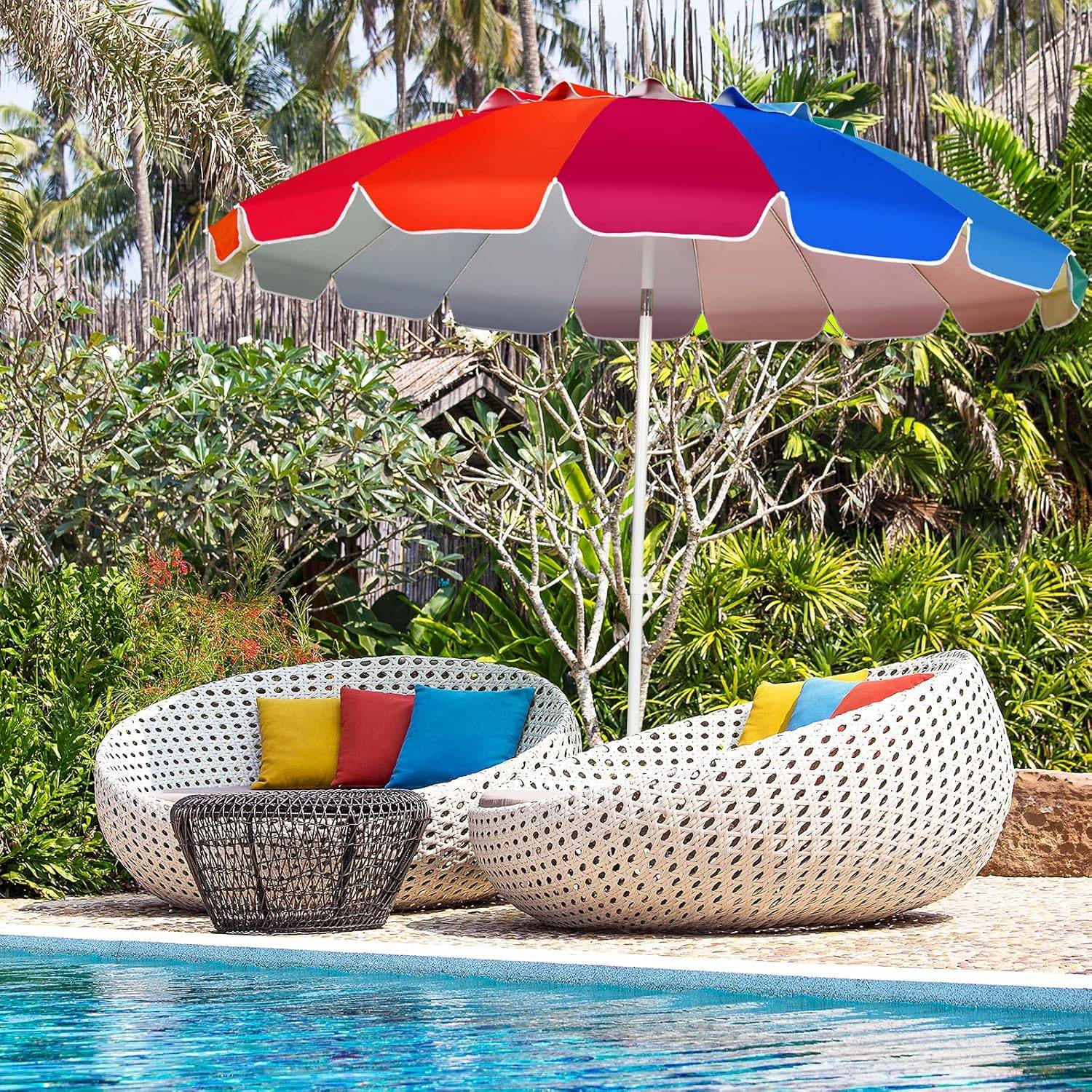 Parasol de plage inclinable 2,45m protection upf50+ baleines en fibre de verre avec sac pied amovible, Multicolore - Image 9