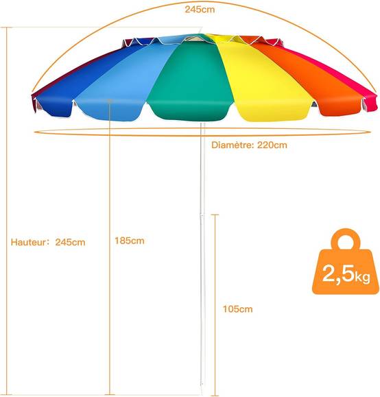 Parasol de plage inclinable 2,45m protection upf50+ baleines en fibre de verre avec sac pied amovible, Multicolore - Image 3