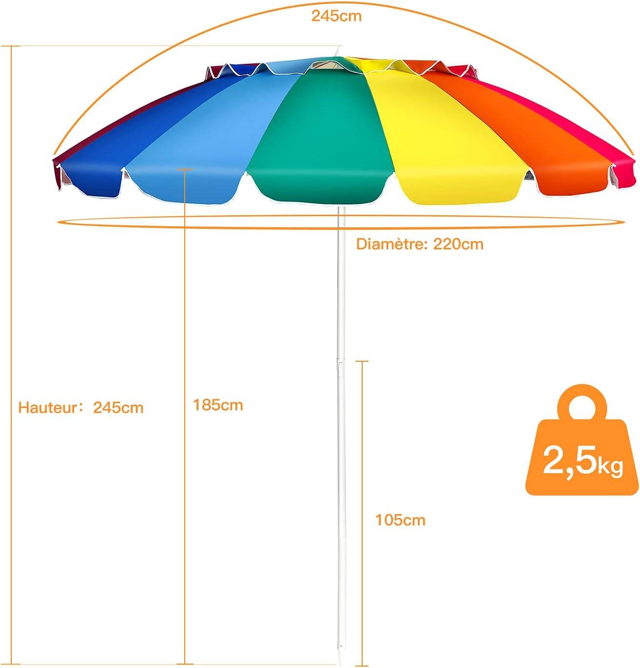Parasol de plage inclinable 2,45m protection upf50+ baleines en fibre de verre avec sac pied amovible, Multicolore - Image 3