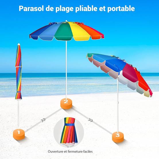 Parasol de plage inclinable 2,45m protection upf50+ baleines en fibre de verre avec sac pied amovible, Multicolore - Image 6