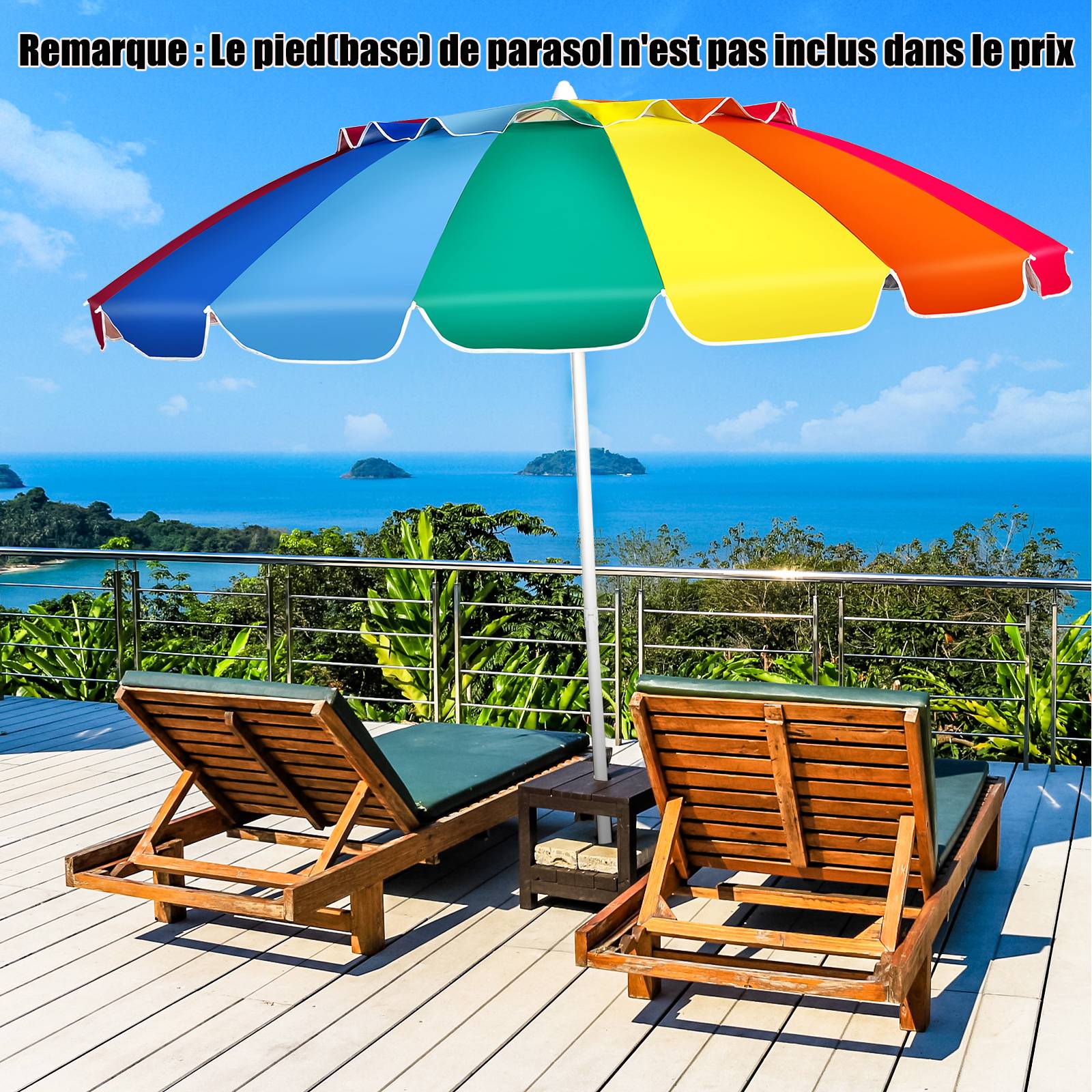 Parasol de plage inclinable 2,45m protection upf50+ baleines en fibre de verre avec sac pied amovible, Multicolore - Image 2