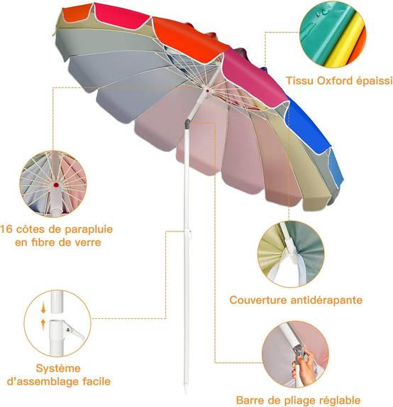 Parasol de plage inclinable 2,45m protection upf50+ baleines en fibre de verre avec sac pied amovible, Multicolore - Image 5