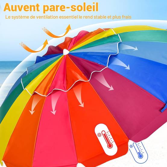 Parasol de plage inclinable 2,45m protection upf50+ baleines en fibre de verre avec sac pied amovible, Multicolore - Image 7