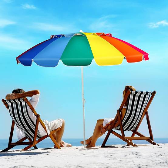 Parasol de plage inclinable 2,45m protection upf50+ baleines en fibre de verre avec sac pied amovible, Multicolore - Image 10