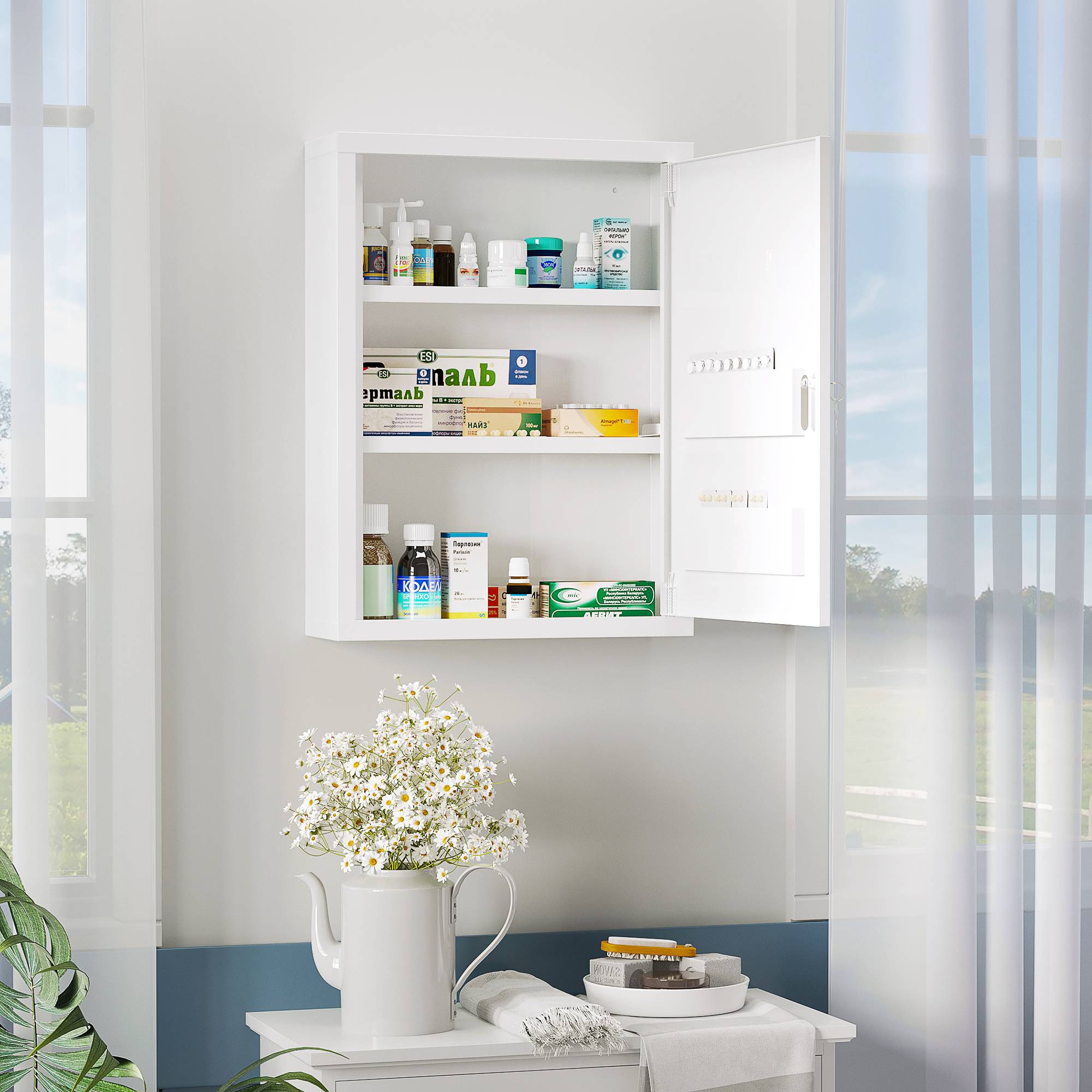 Sans Marque - Armoire pharmacie 2 étagères 3 niveaux porte verrouillable 2 clés 40x15x53,5 cm blanc - Image 3