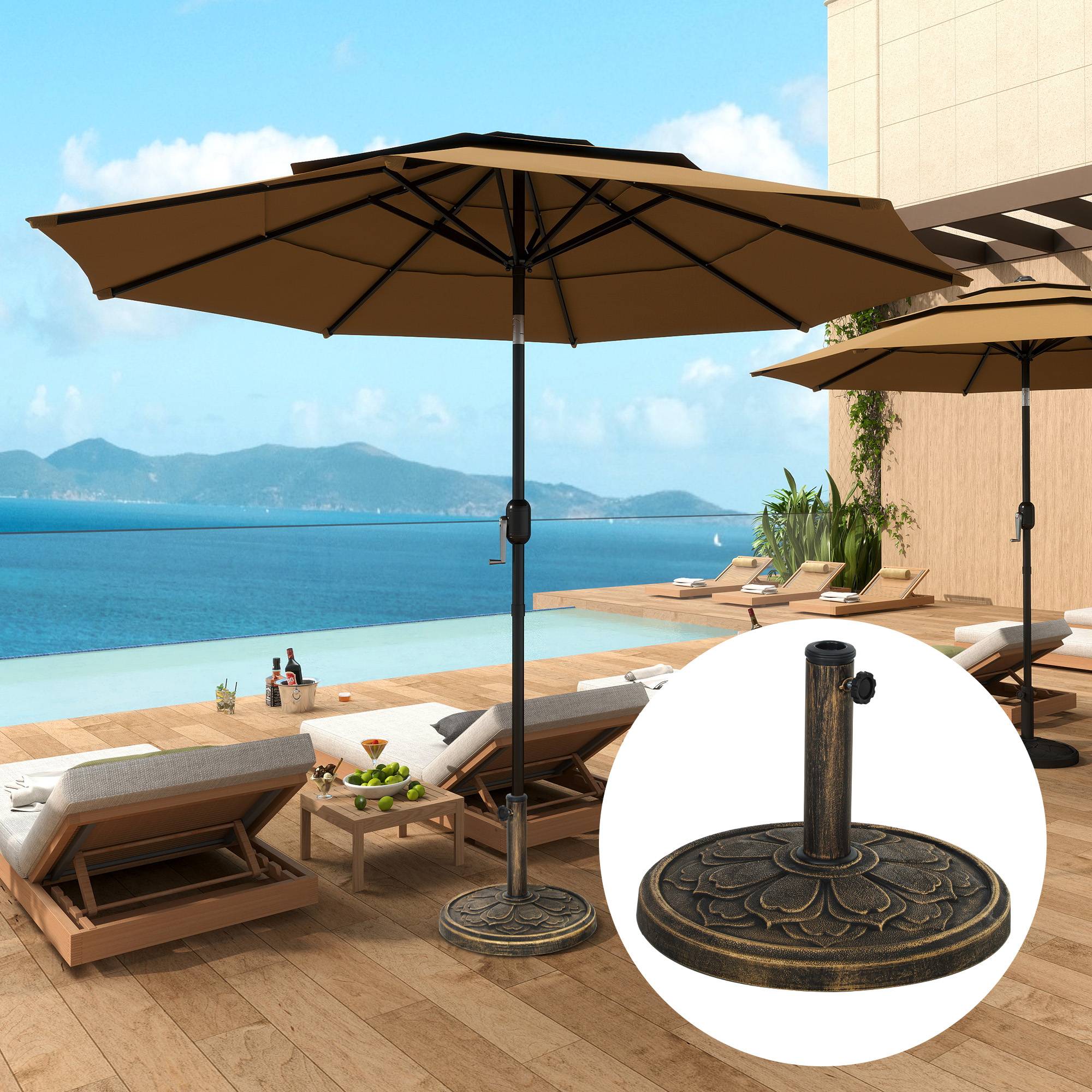 Base parasol design retro fleur de lotus 12 kg, jardin patio terrasse Ø46x33 cm, bronze - Image 3
