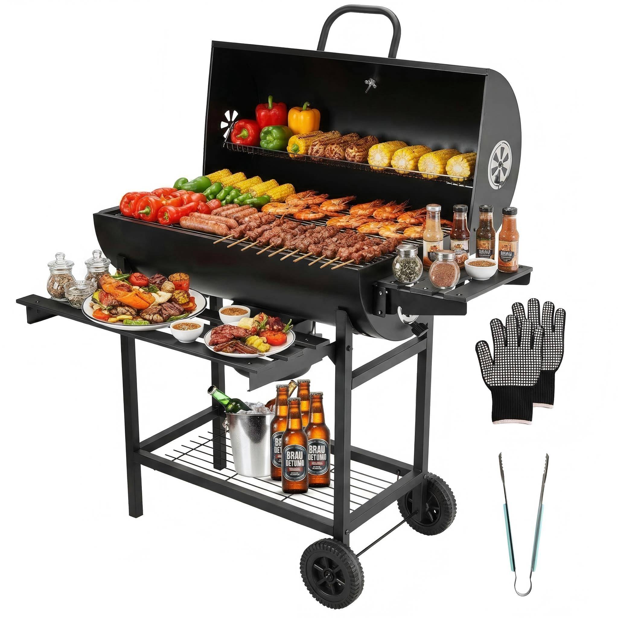 Gril à charbon de bois, gril à charbon de bois XXL avec couvercle, thermomètre, tiroir à cendres, gants anti-brûlure, évents réglables